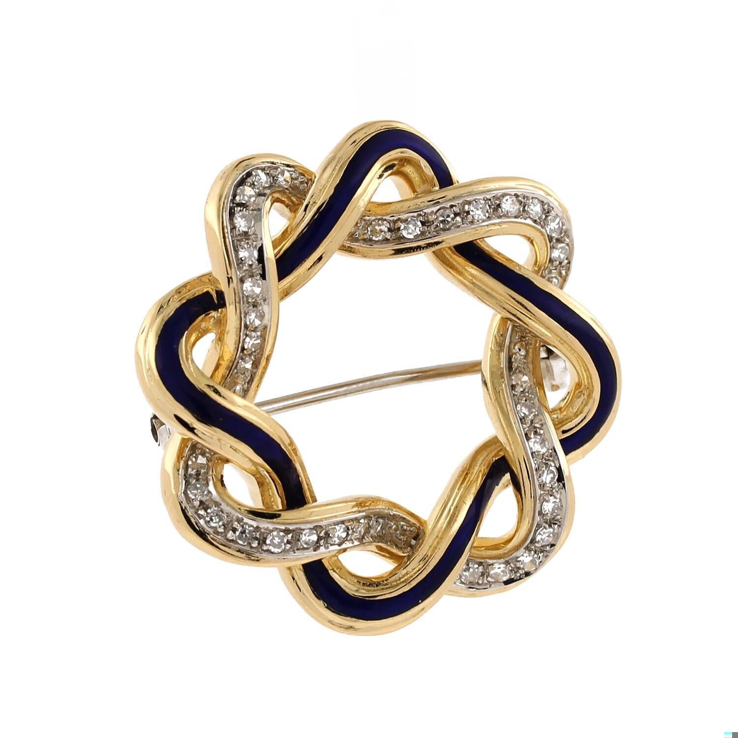 Diamond Blue Enamel Woven Brooch Pin 18K Yellow Gold Intertwined Design 1.30"
