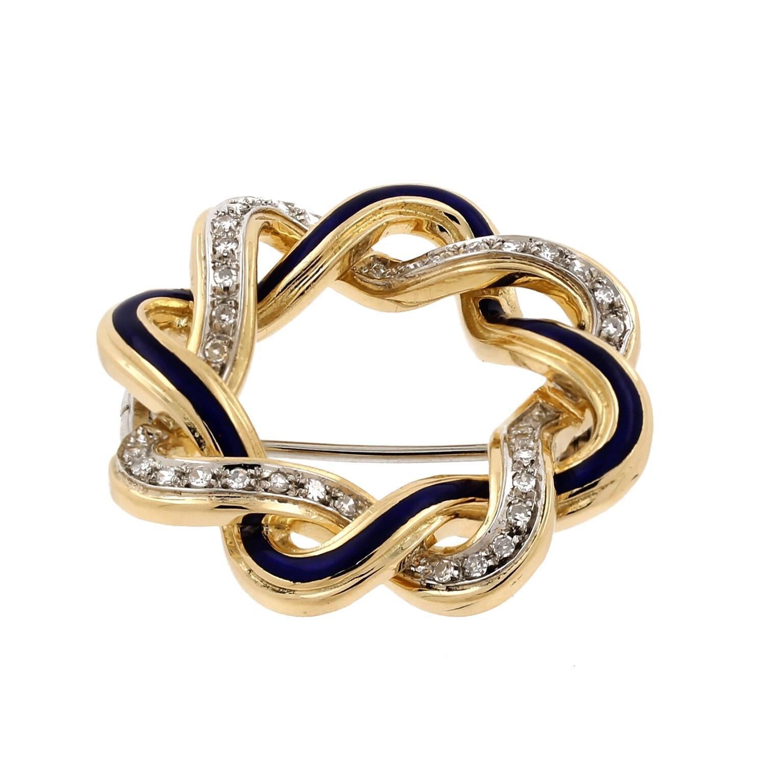 Diamond Blue Enamel Woven Brooch Pin 18K Yellow Gold Intertwined Design 1.30"
