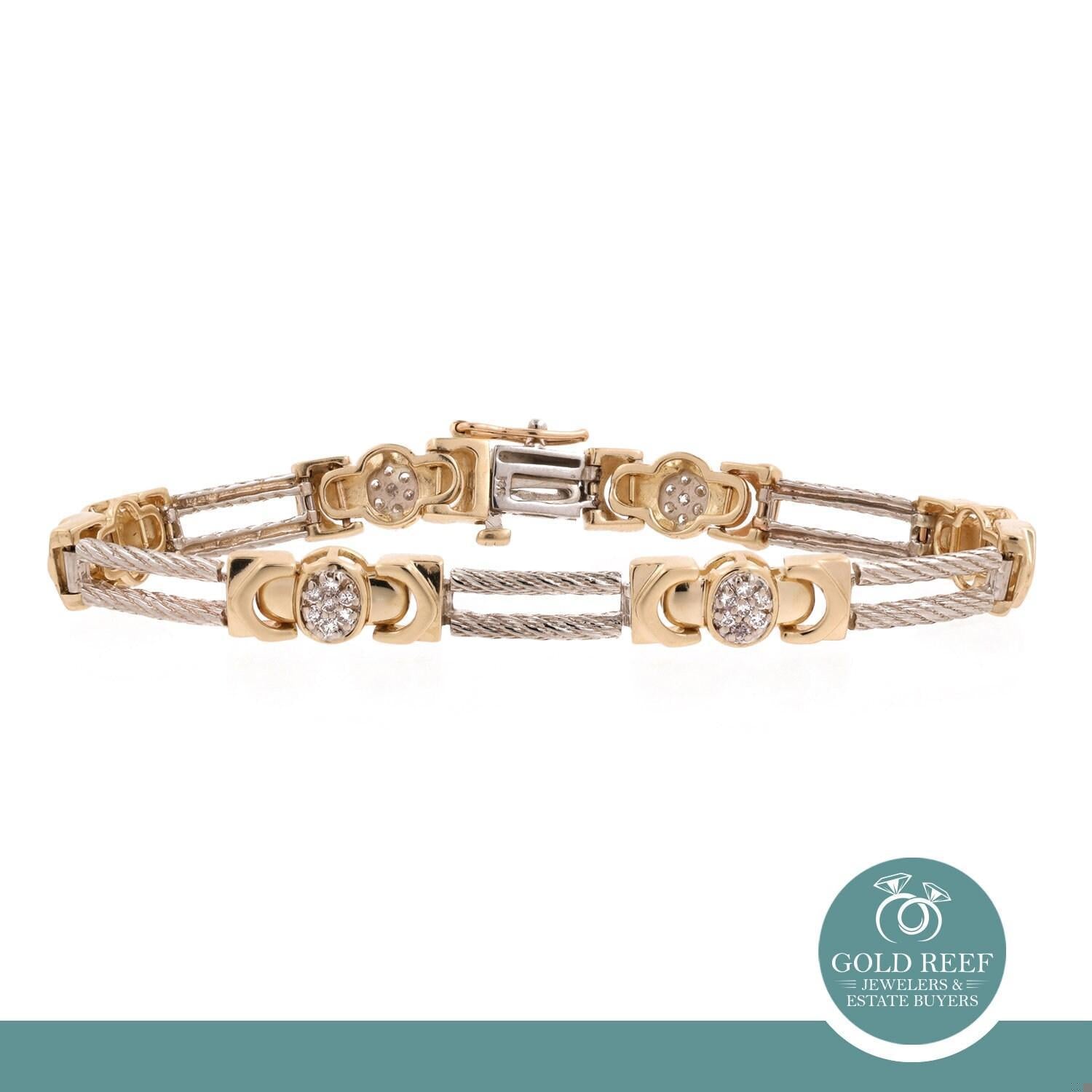Diamond Cable Link Station Bracelet 14K Two-Tone Gold 0.84 TW 7.25" Estate