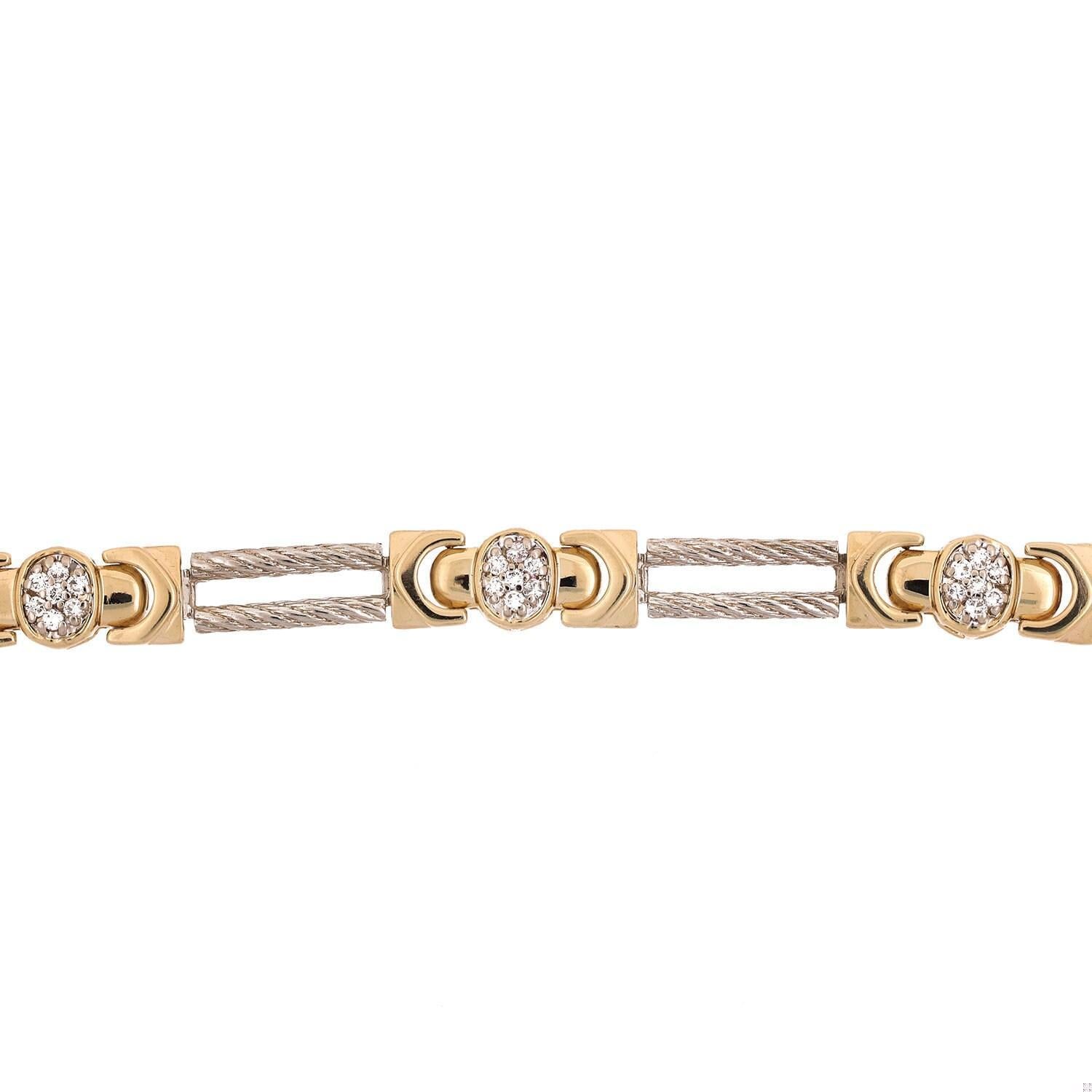 Diamond Cable Link Station Bracelet 14K Two-Tone Gold 0.84 TW 7.25" Estate