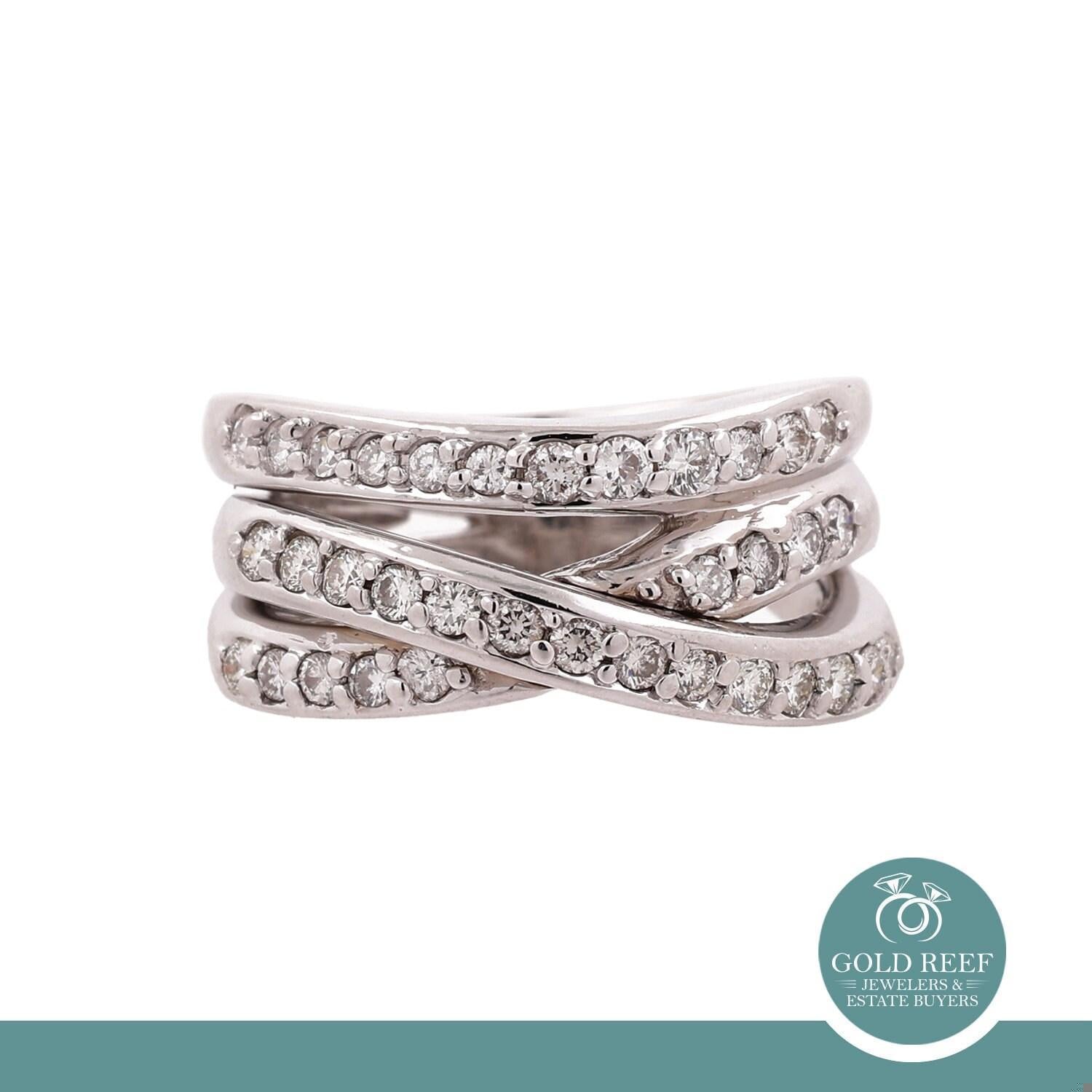 Diamond Crossover Ring 14K White Gold 1.50 TW Round Diamonds Size 8