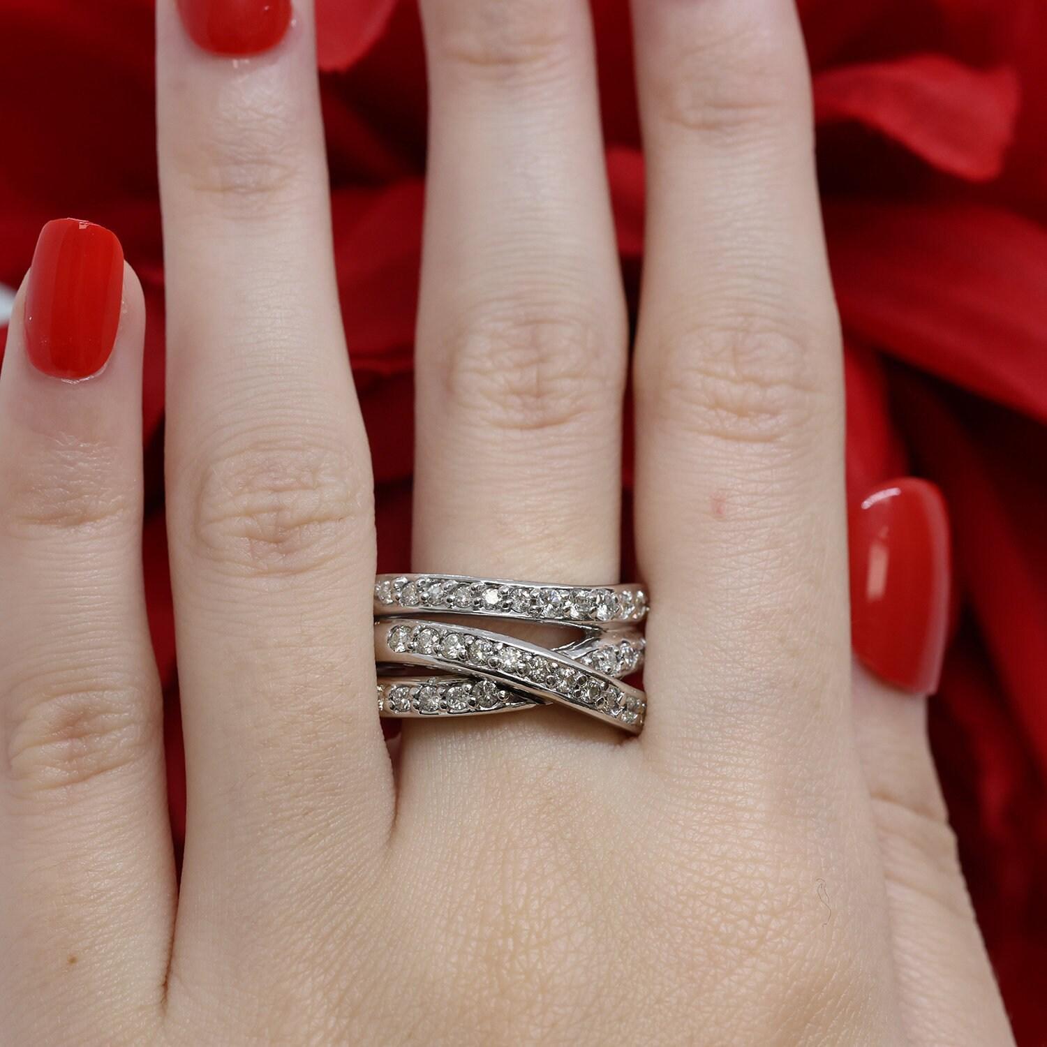 Diamond Crossover Ring 14K White Gold 1.50 TW Round Diamonds Size 8