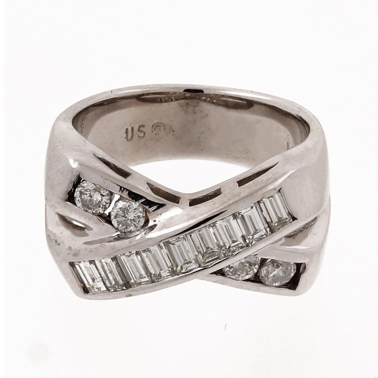 Diamond Crossover X Band Ring 14K White Gold 0.93 CTW Baguette Round SZ 7 Estate