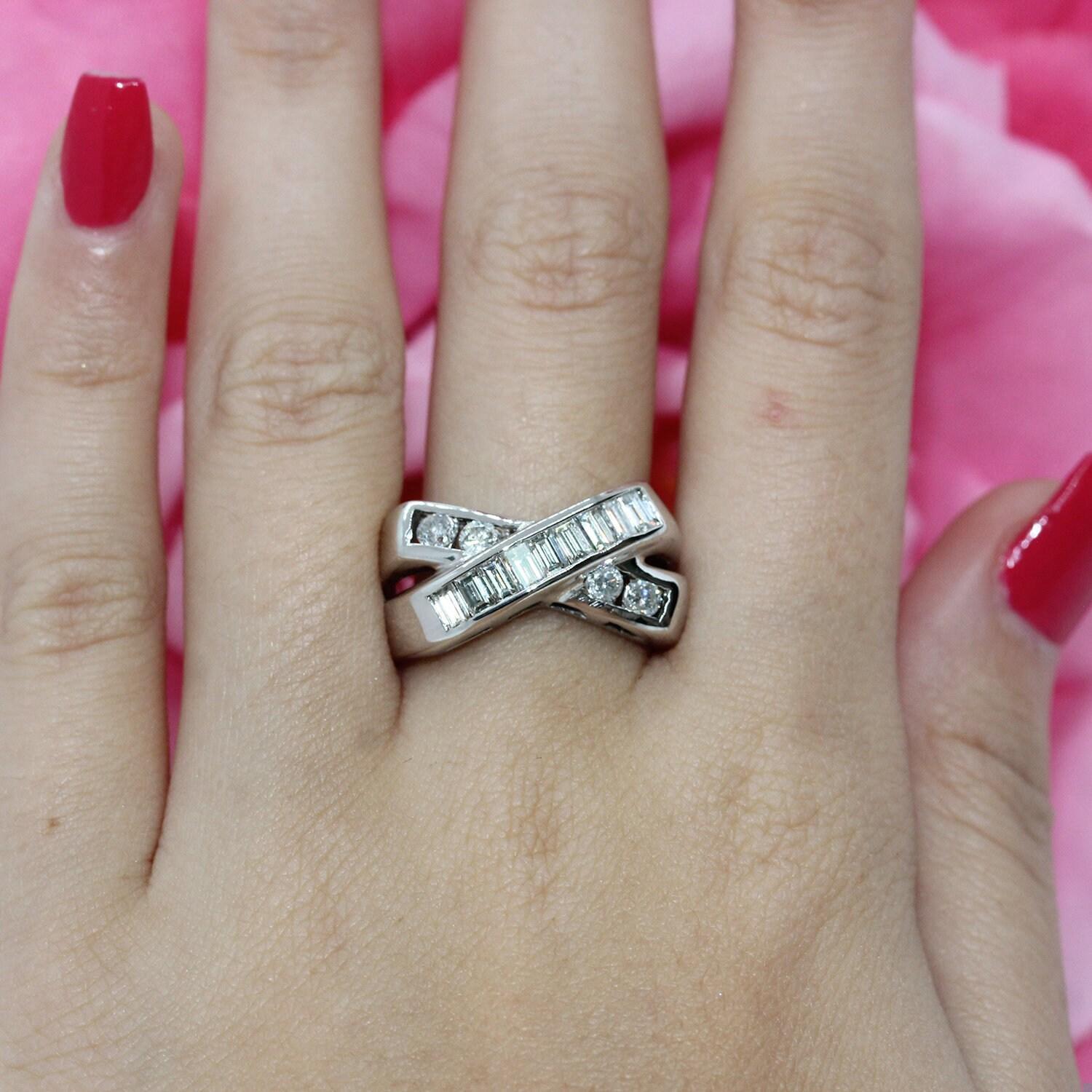 Diamond Crossover X Band Ring 14K White Gold 0.93 CTW Baguette Round SZ 7 Estate