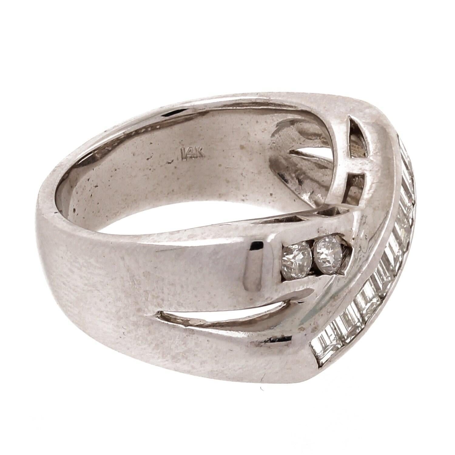 Diamond Crossover X Band Ring 14K White Gold 0.93 CTW Baguette Round SZ 7 Estate