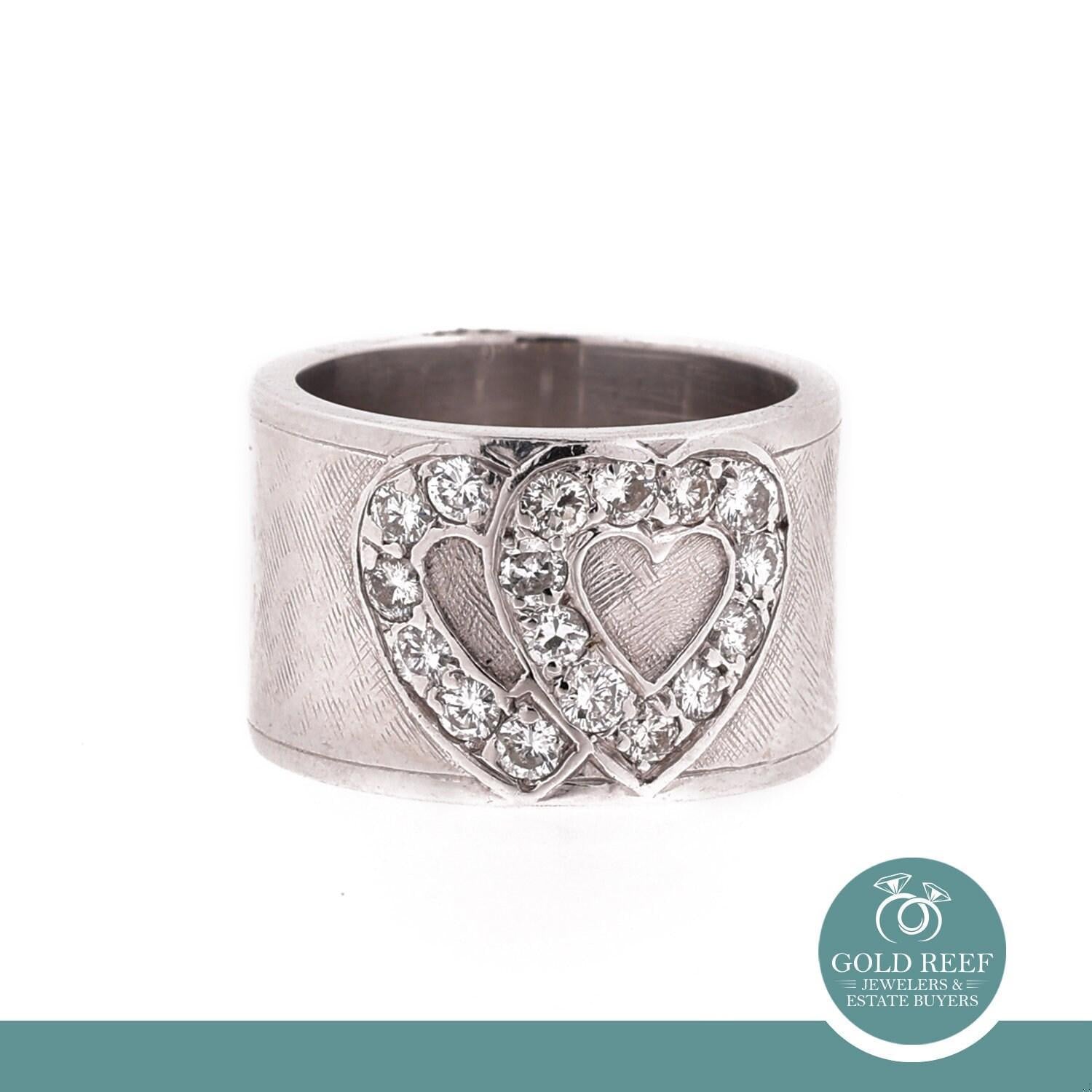 Diamond Double Heart Wide Band Ring 14K Textured White Gold 12 mm Wide Size 5
