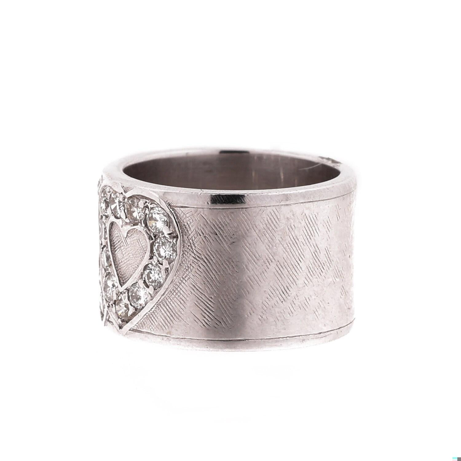 Diamond Double Heart Wide Band Ring 14K Textured White Gold 12 mm Wide Size 5