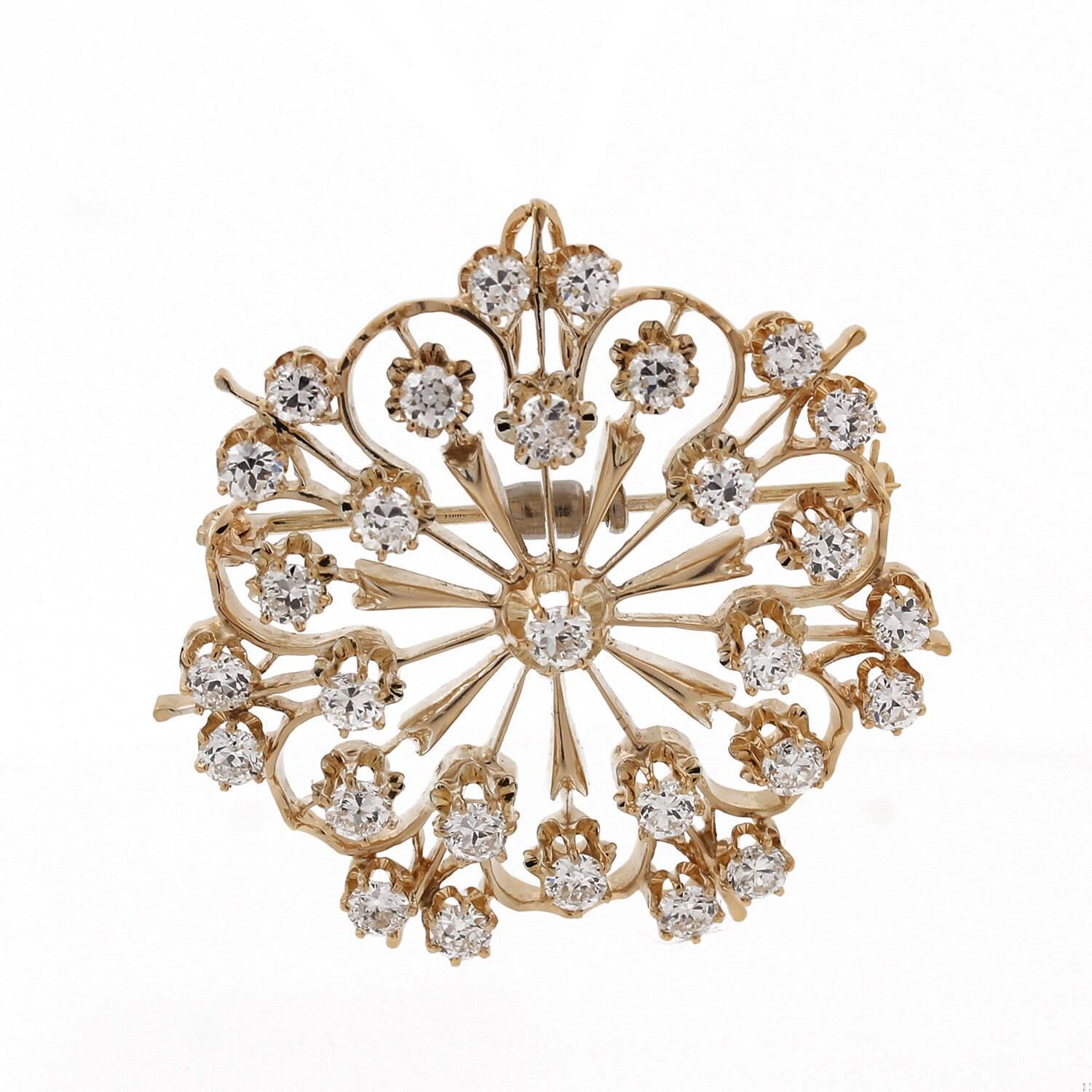 Diamond Floral Filigree Pendant Brooch Pin 14K Y/Gold 4.50 TW GH/VS 1.75" Estate