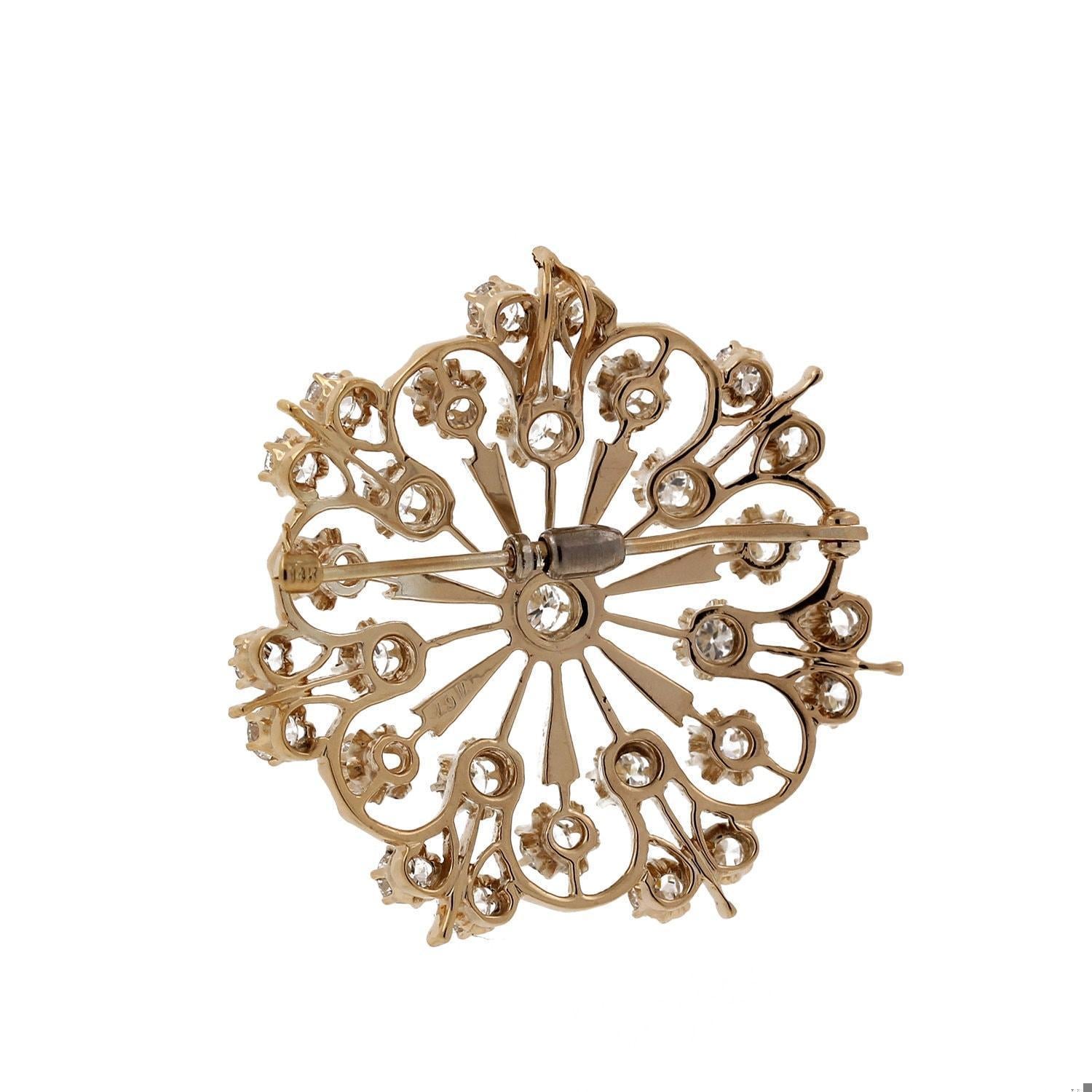 Diamond Floral Filigree Pendant Brooch Pin 14K Y/Gold 4.50 TW GH/VS 1.75" Estate