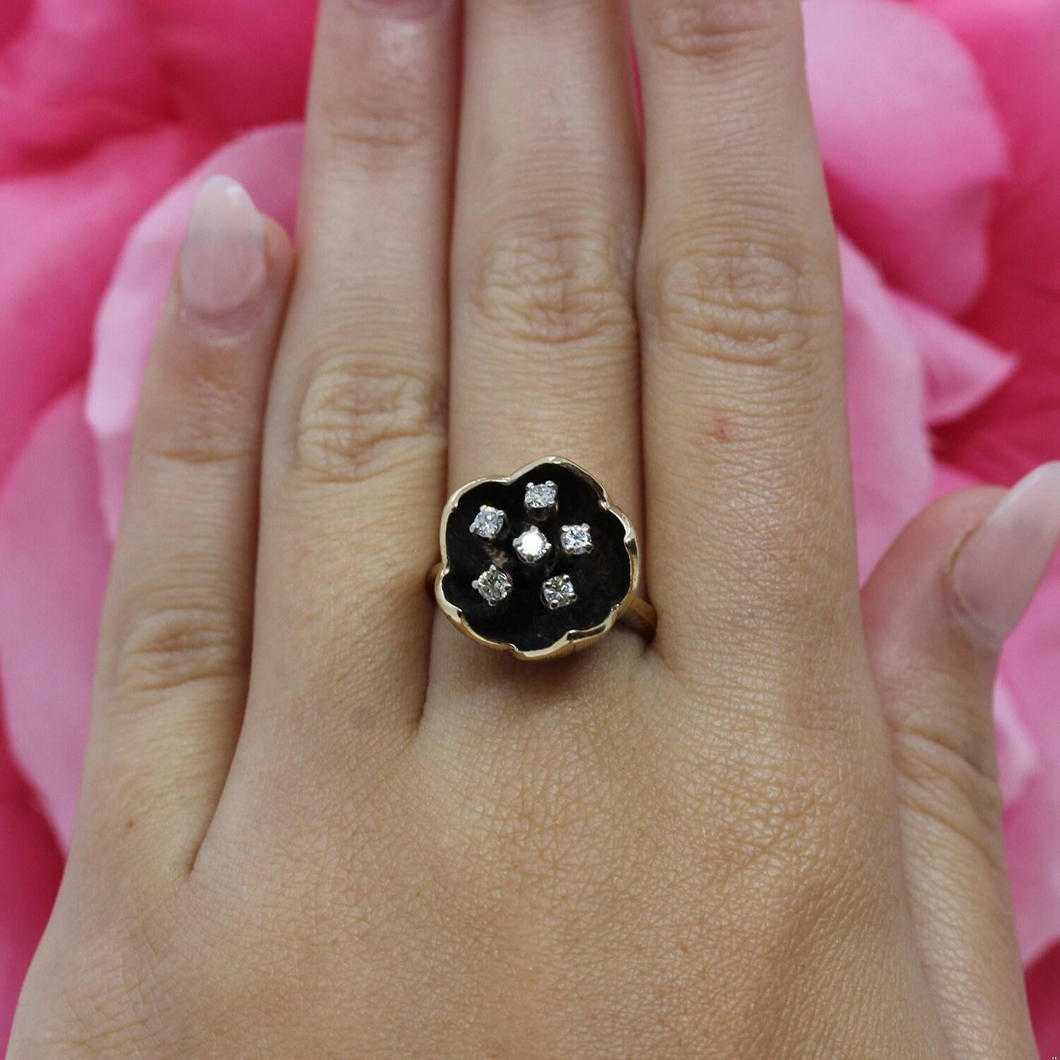 Diamond Flower Cocktail Ring 14K Yellow Gold 0.30 CTW Diamonds SZ 4.75 Vintage