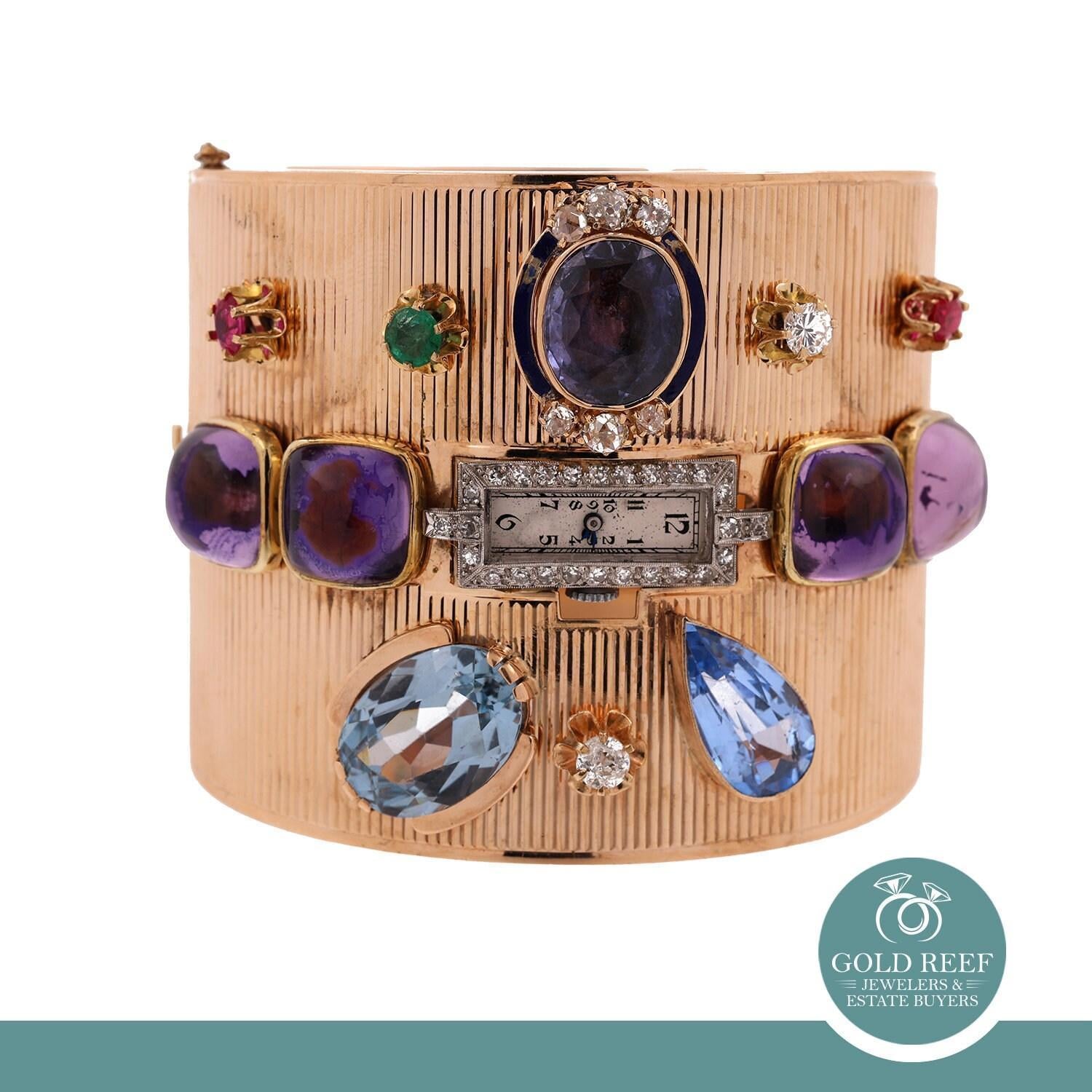 49.40 CTW Gemstone Wide Watch Bangle Bracelet Diamond Acc 14K Yellow Gold 6.5"