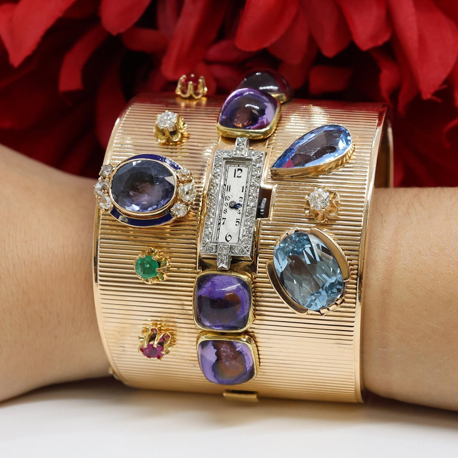 49.40 CTW Gemstone Wide Watch Bangle Bracelet Diamond Acc 14K Yellow Gold 6.5"