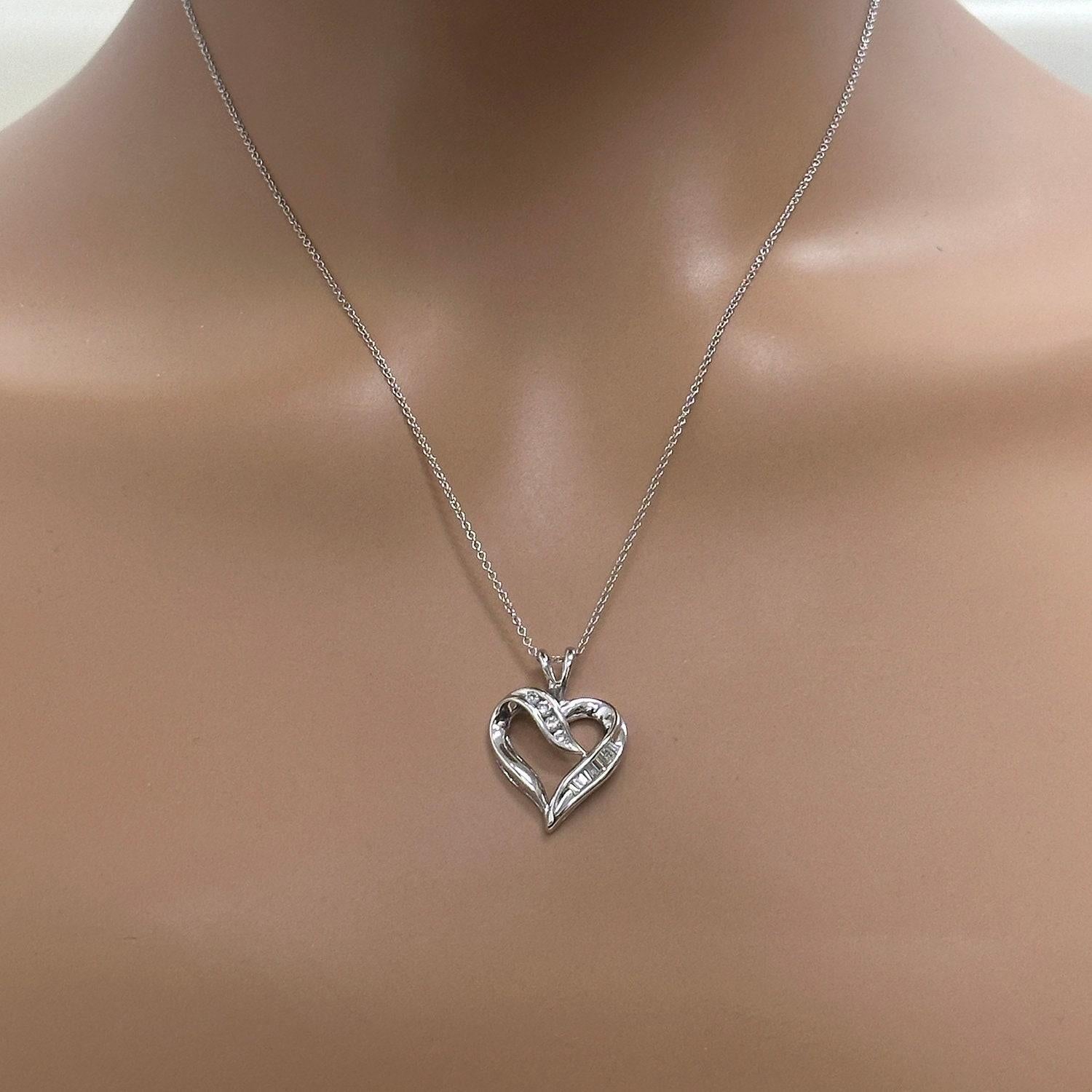 Diamond Open Heart Pendant 10K White Gold 0.25 CTW Round & Baguettes 1" Estate