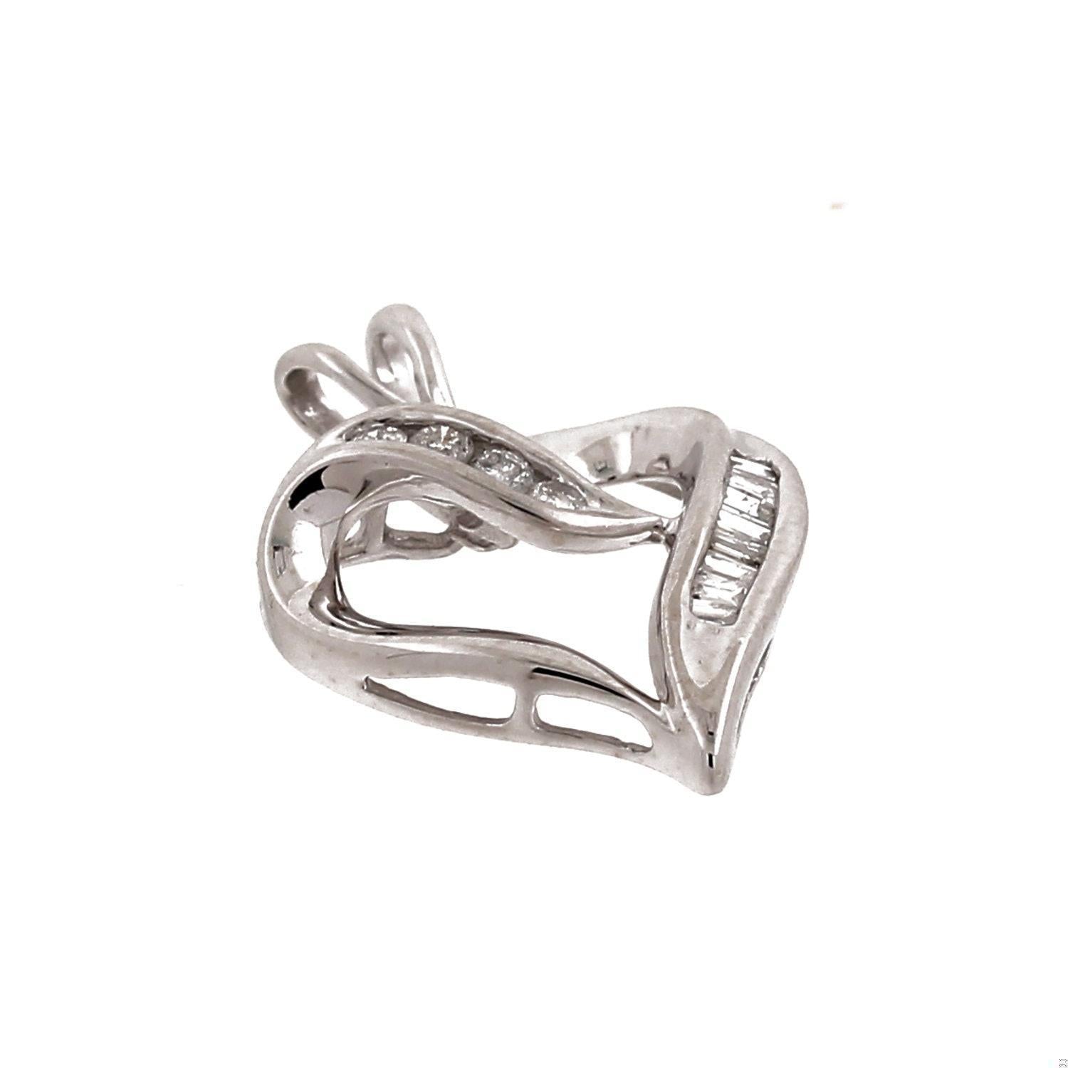 Diamond Open Heart Pendant 10K White Gold 0.25 CTW Round & Baguettes 1" Estate
