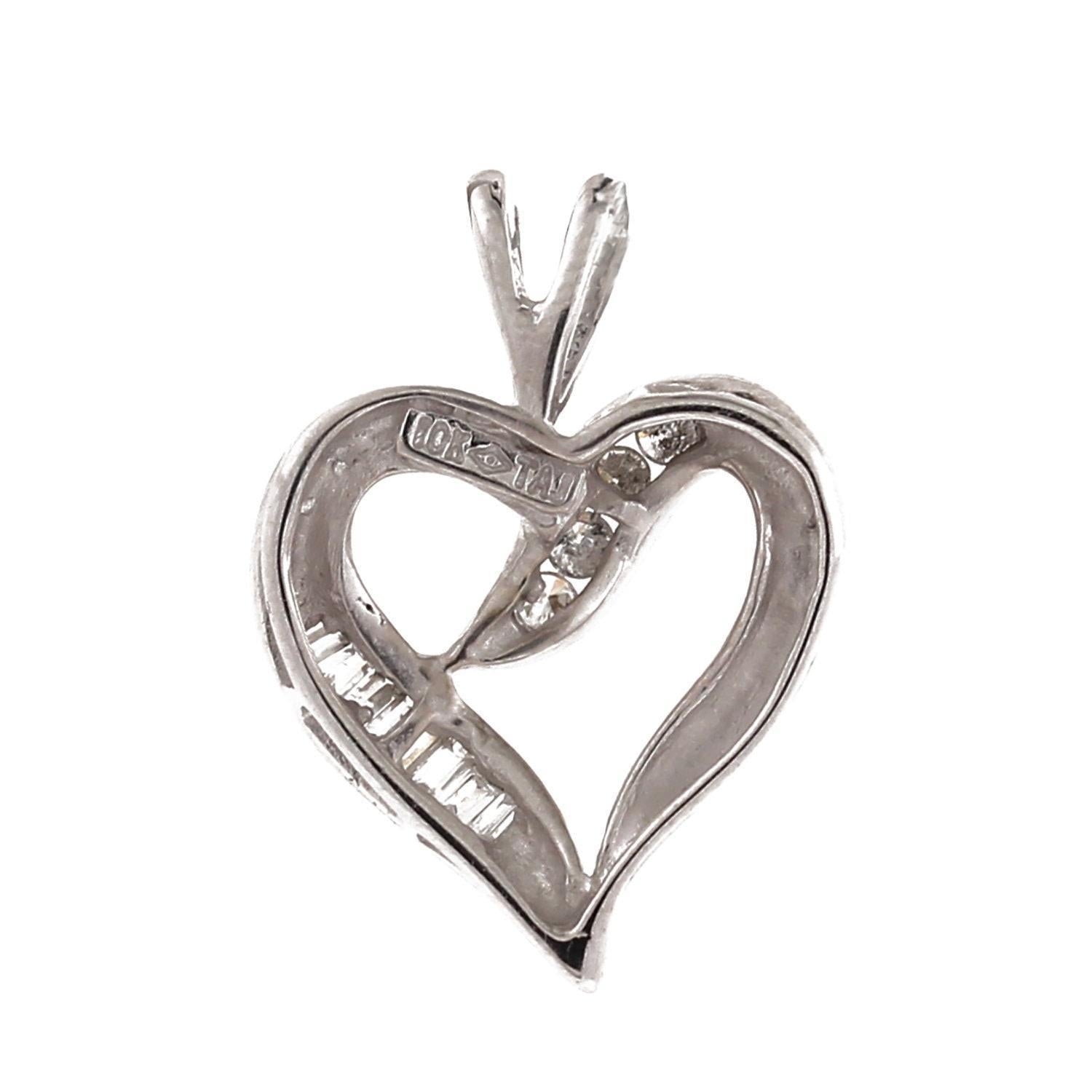Diamond Open Heart Pendant 10K White Gold 0.25 CTW Round & Baguettes 1" Estate
