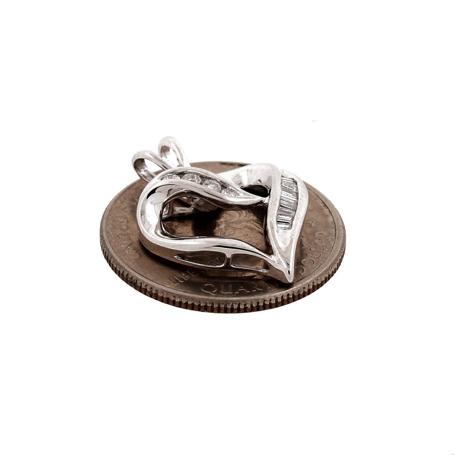 Diamond Open Heart Pendant 10K White Gold 0.25 CTW Round & Baguettes 1" Estate