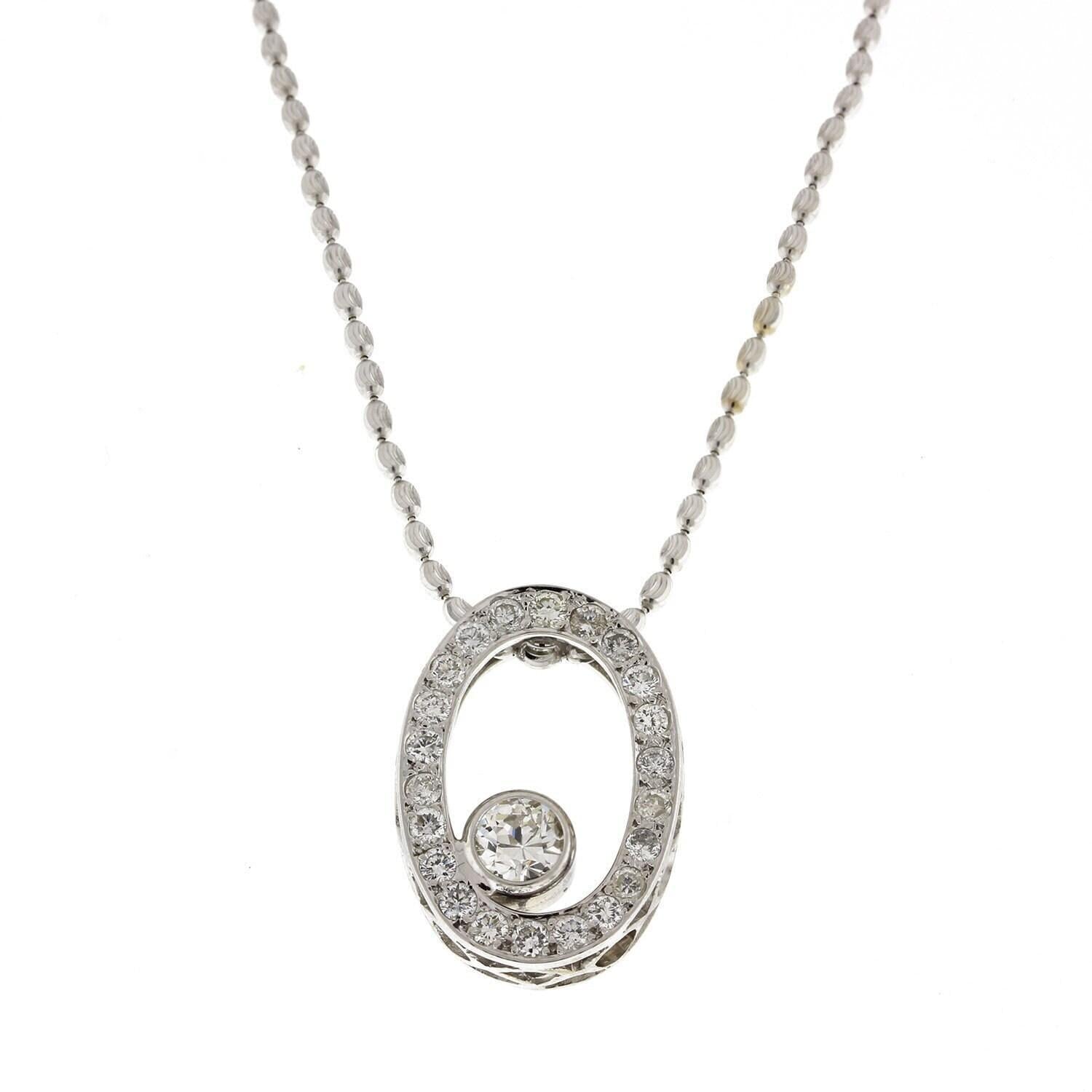 1.50 TW Diamond Oval Pendant Chain Necklace 14K White Gold 18" Ladies Estate
