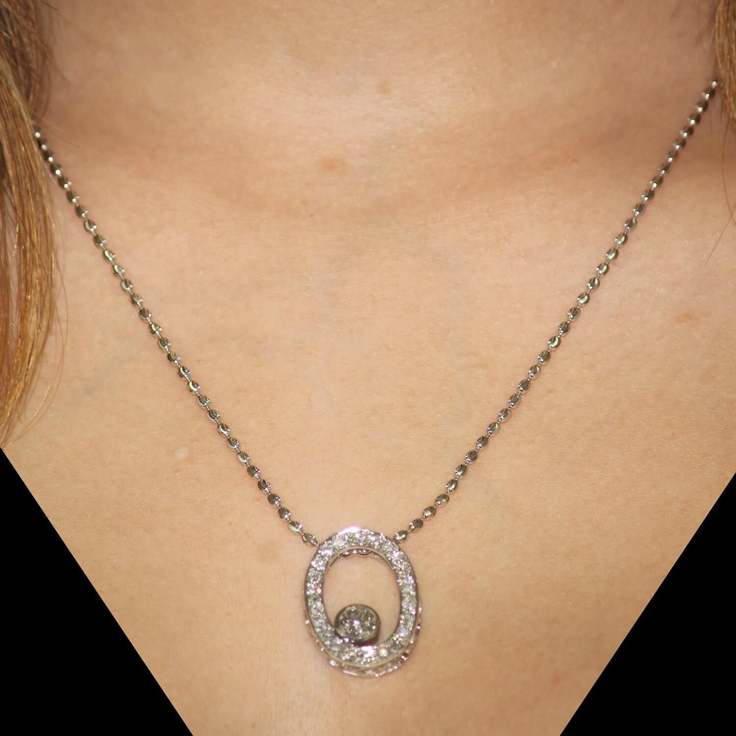 1.50 TW Diamond Oval Pendant Chain Necklace 14K White Gold 18" Ladies Estate