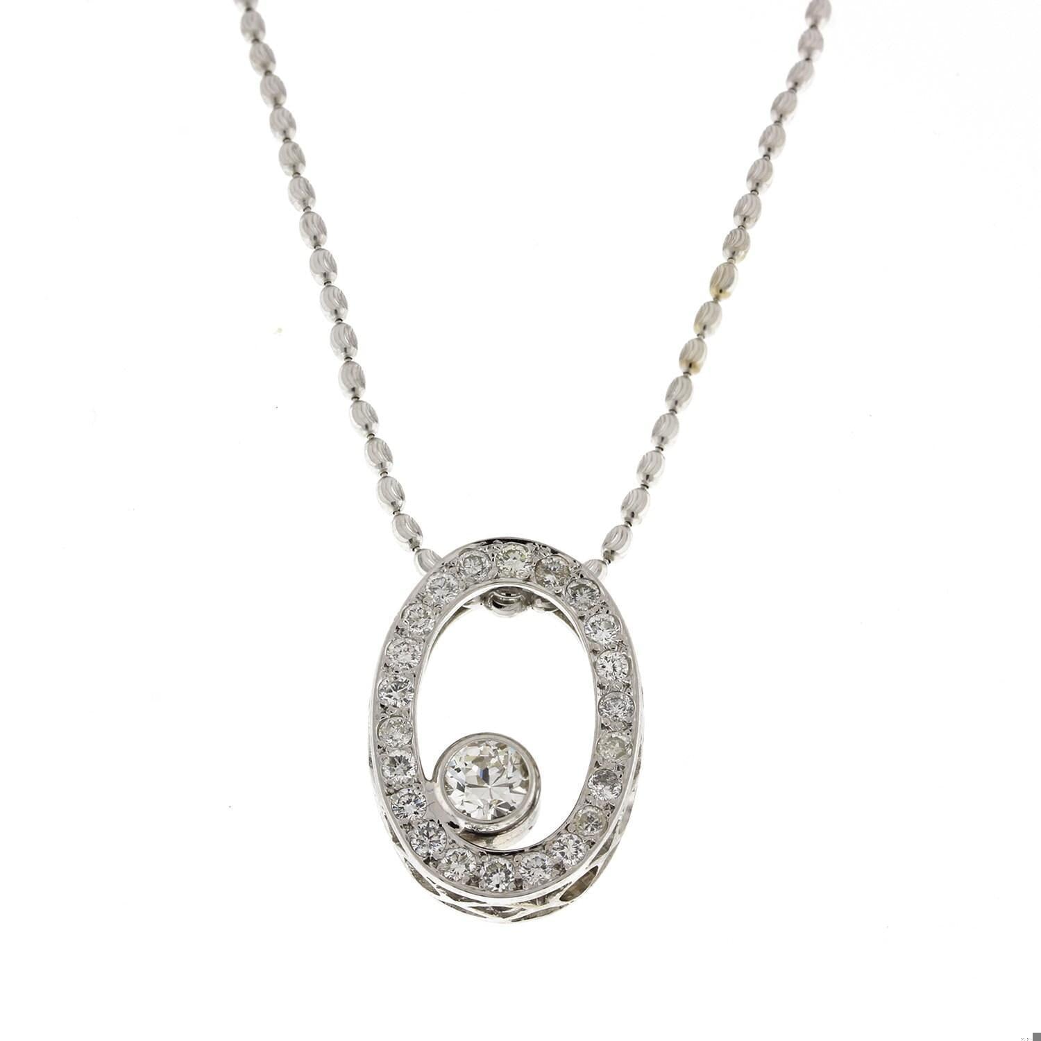 1.50 TW Diamond Oval Pendant Chain Necklace 14K White Gold 18" Ladies Estate