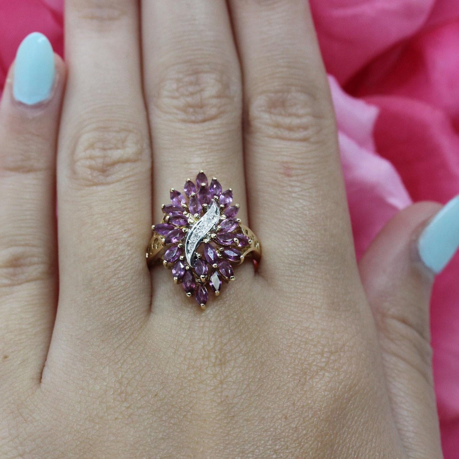 Pink Sapphire Diamond Flower Cocktail Ring 14K Gold 1.25 CTW Size 7.25 Ladies