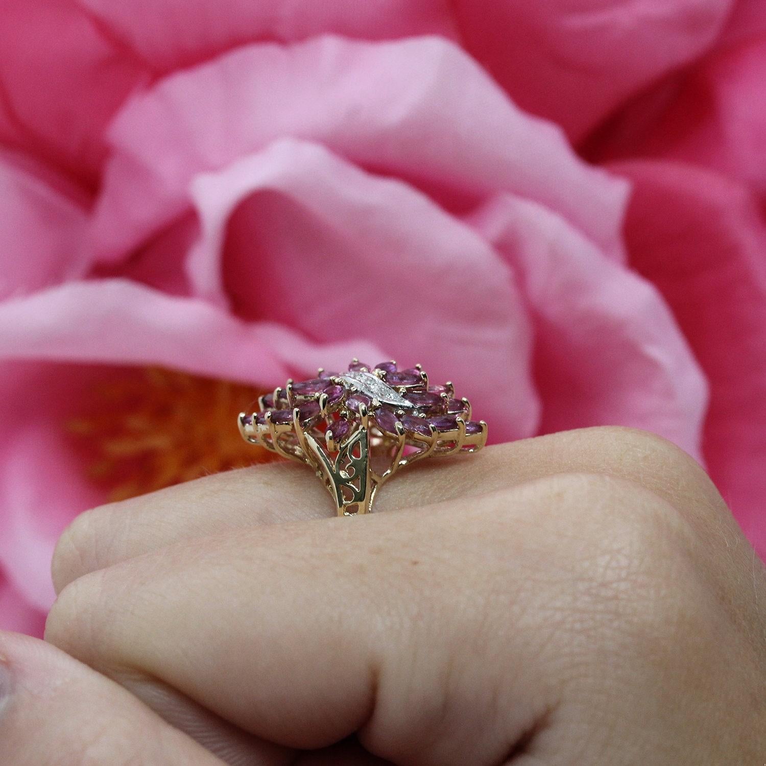 Pink Sapphire Diamond Flower Cocktail Ring 14K Gold 1.25 CTW Size 7.25 Ladies