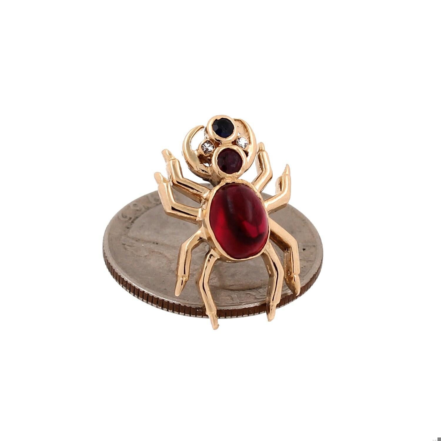 Diamond Ruby Sapphire Spider Pin 14K Yellow Gold 2.15 CTW Cabochon Gems 0.85"