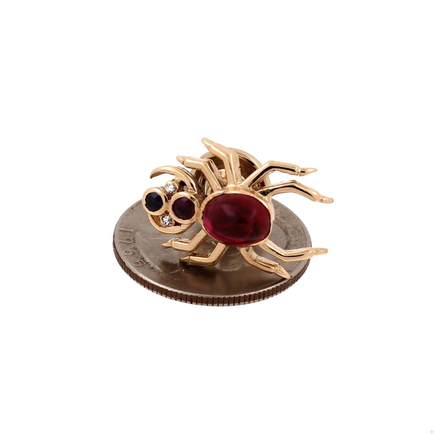 Diamond Ruby Sapphire Spider Pin 14K Yellow Gold 2.15 CTW Cabochon Gems 0.85"