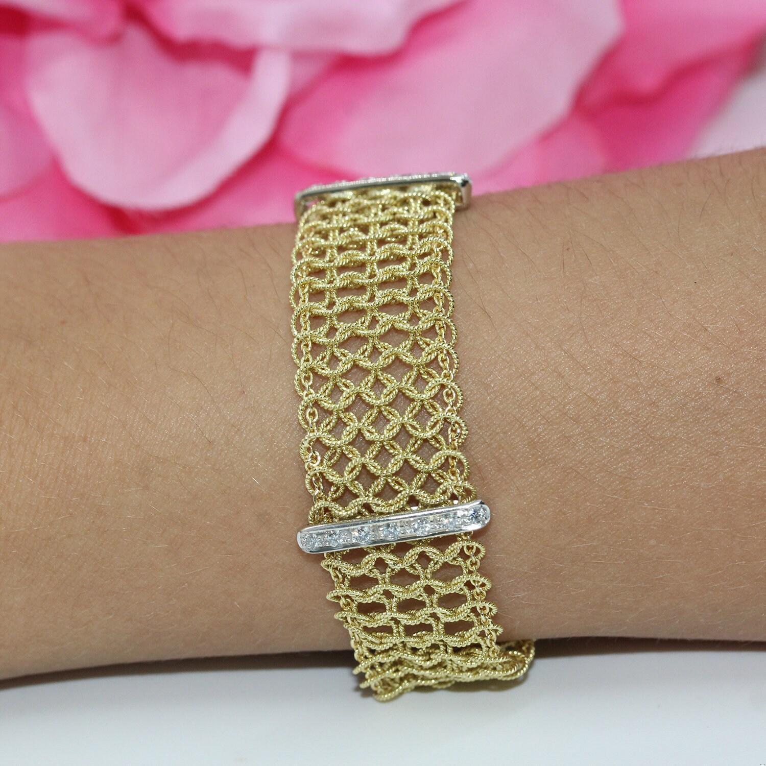 Diamond Sapphire Mesh Chain Bracelet 18K Gold 0.80 CTW 6.5" Ladies Estate