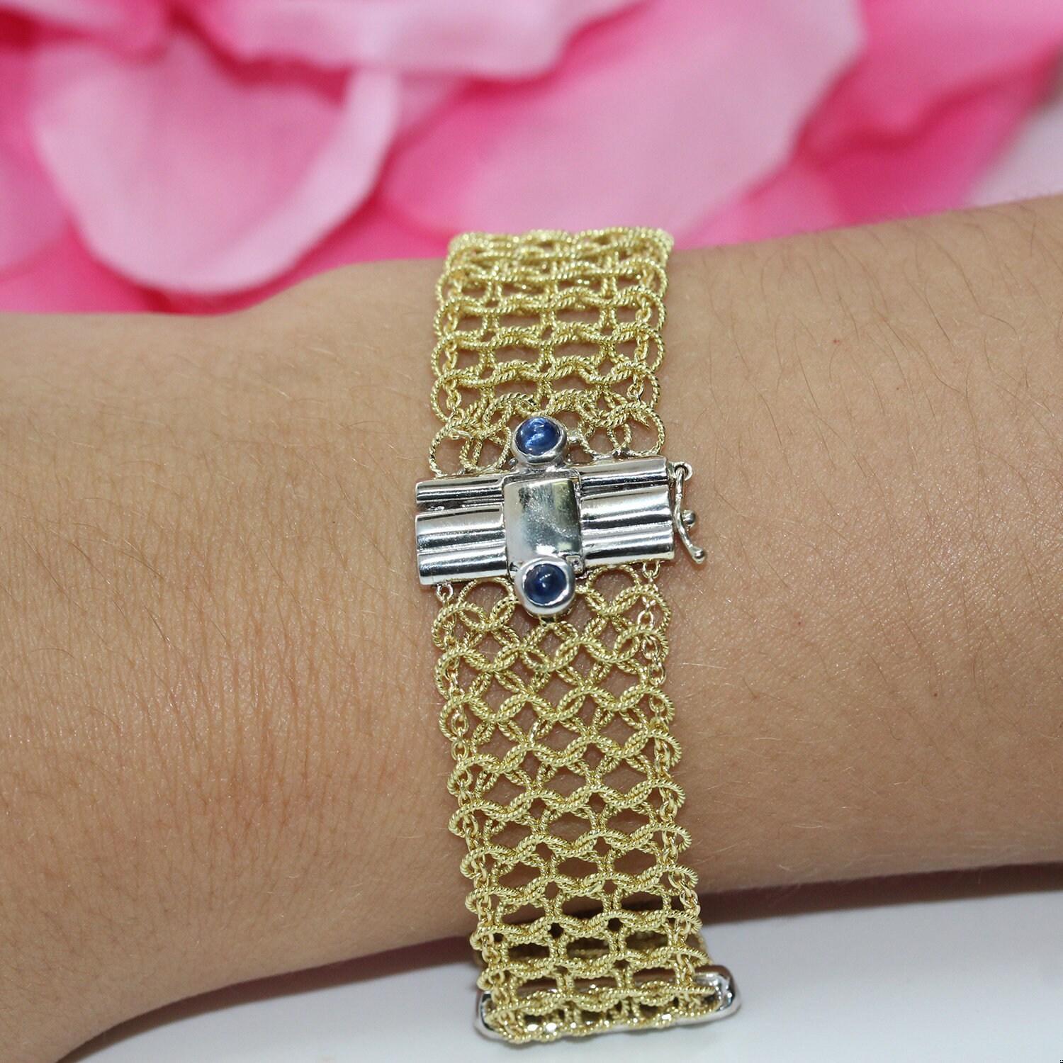 Diamond Sapphire Mesh Chain Bracelet 18K Gold 0.80 CTW 6.5" Ladies Estate
