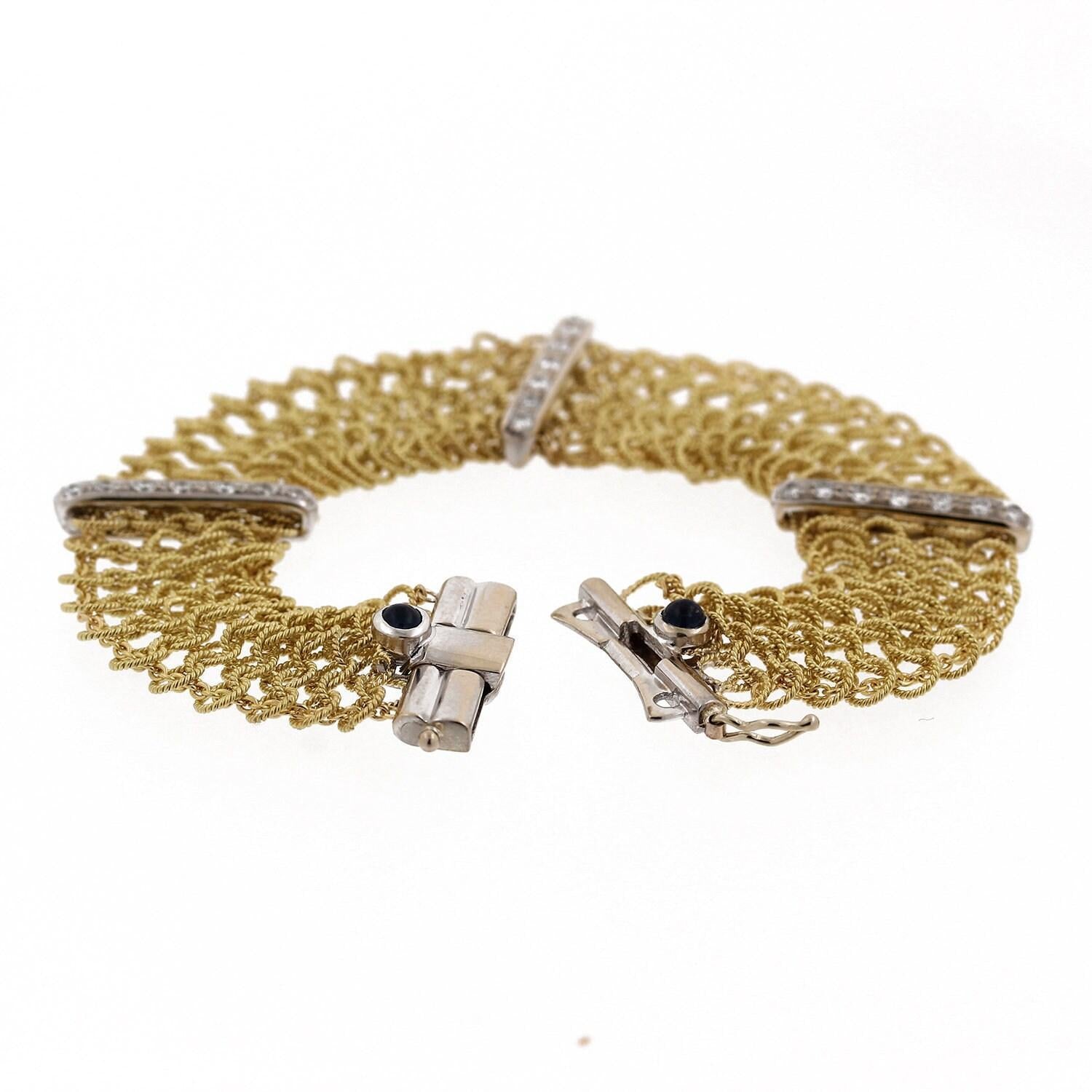 Diamond Sapphire Mesh Chain Bracelet 18K Gold 0.80 CTW 6.5" Ladies Estate