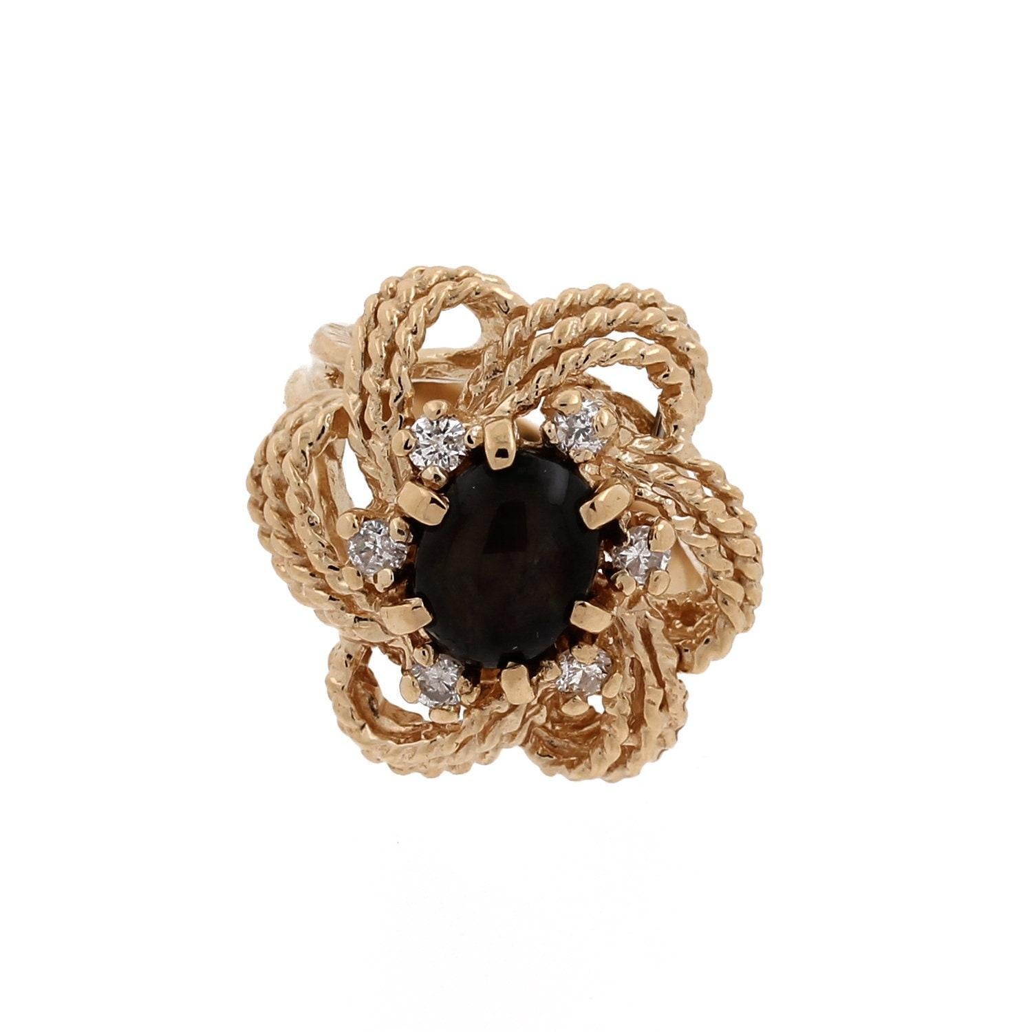 Black Star Sapphire Diamond Flower Ring Yellow Gold 3.15 CTW Size 7 Estate