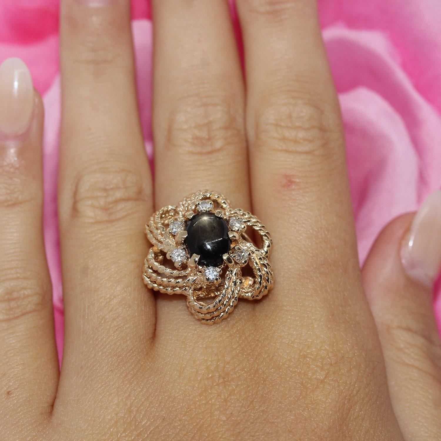 Black Star Sapphire Diamond Flower Ring Yellow Gold 3.15 CTW Size 7 Estate