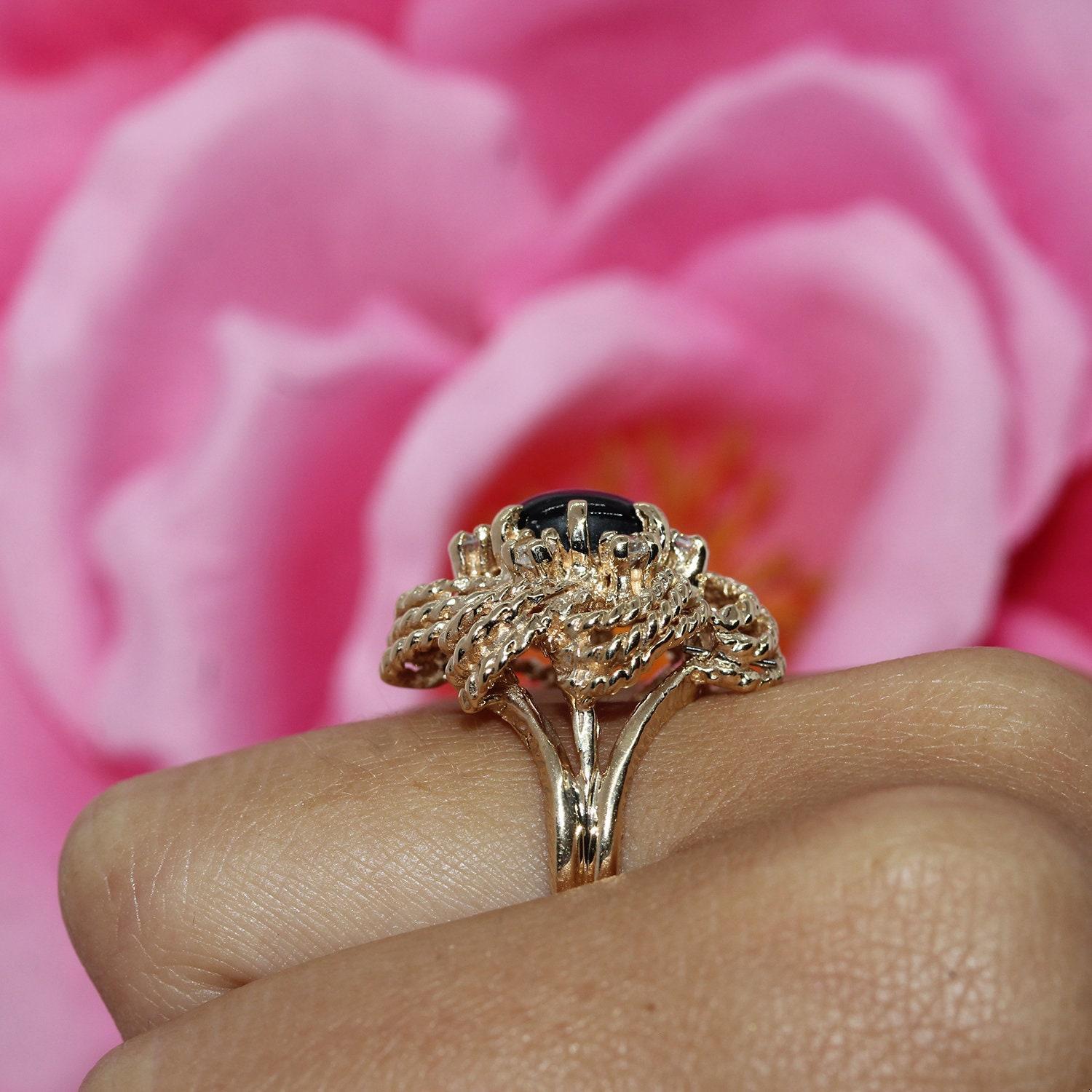 Black Star Sapphire Diamond Flower Ring Yellow Gold 3.15 CTW Size 7 Estate