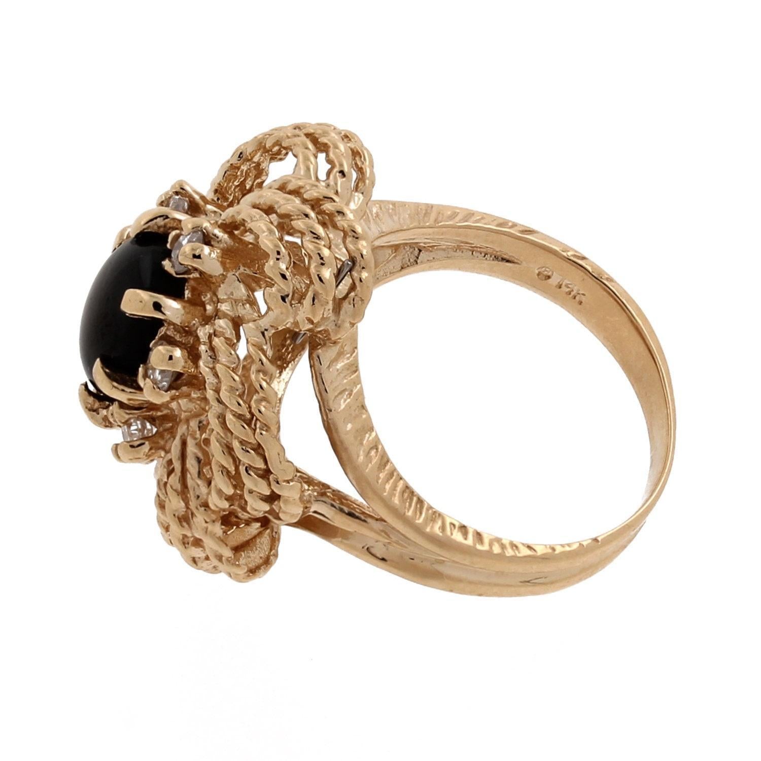 Black Star Sapphire Diamond Flower Ring Yellow Gold 3.15 CTW Size 7 Estate