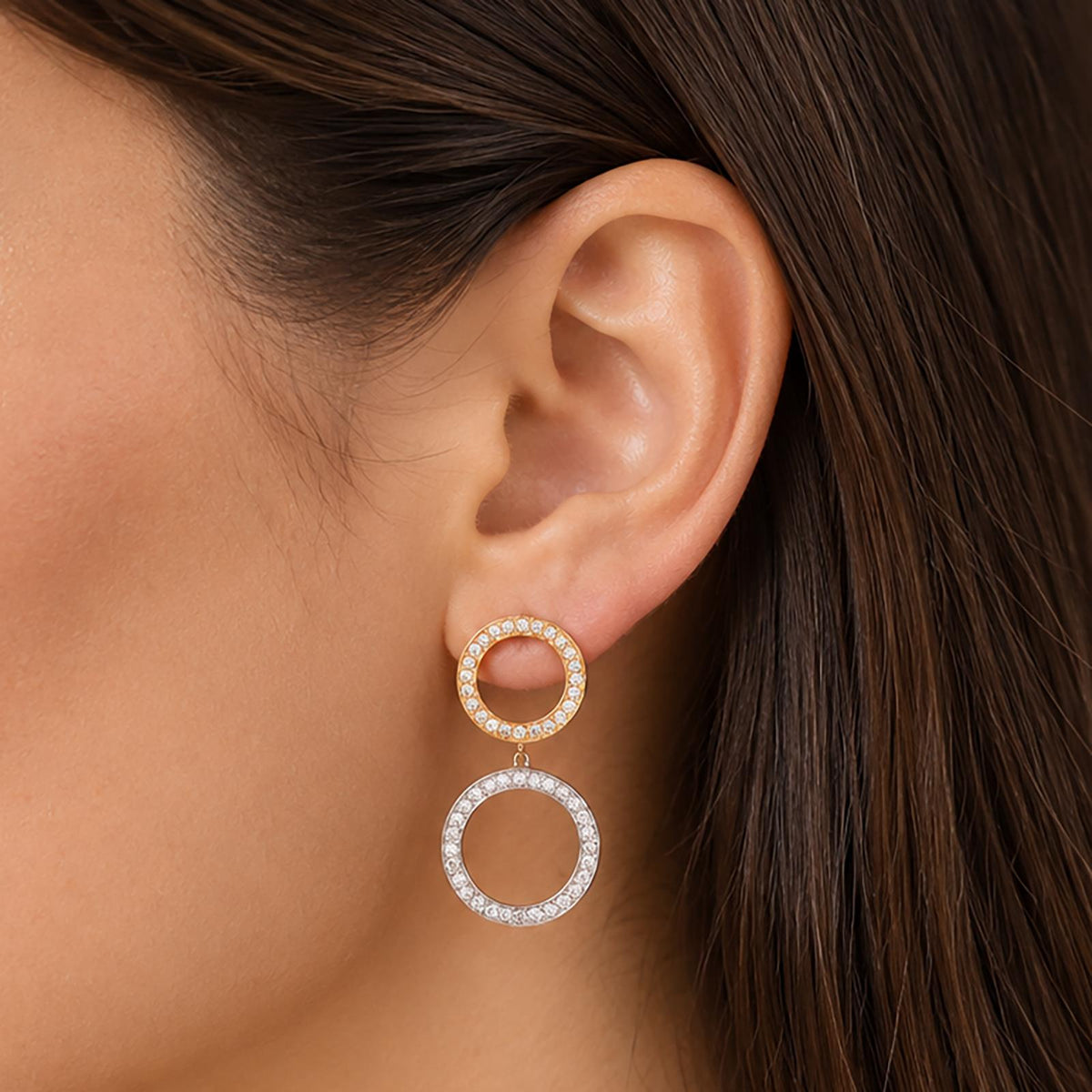 Natural Diamond Double Circle Drop Earrings 14K Two-Tone Gold 1.00 CTW 1.18"