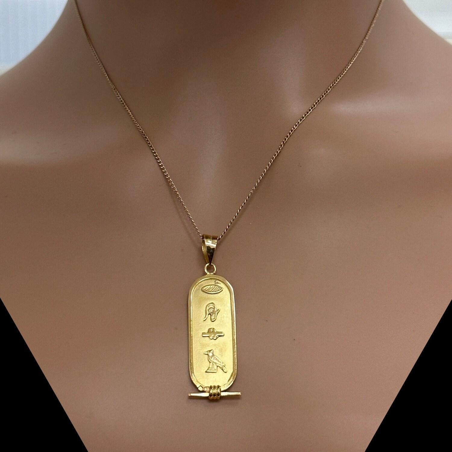 Egyptian Hieroglyphics Cartouche Bar Charm Pendant 18K Yellow Gold 1.80" Estate