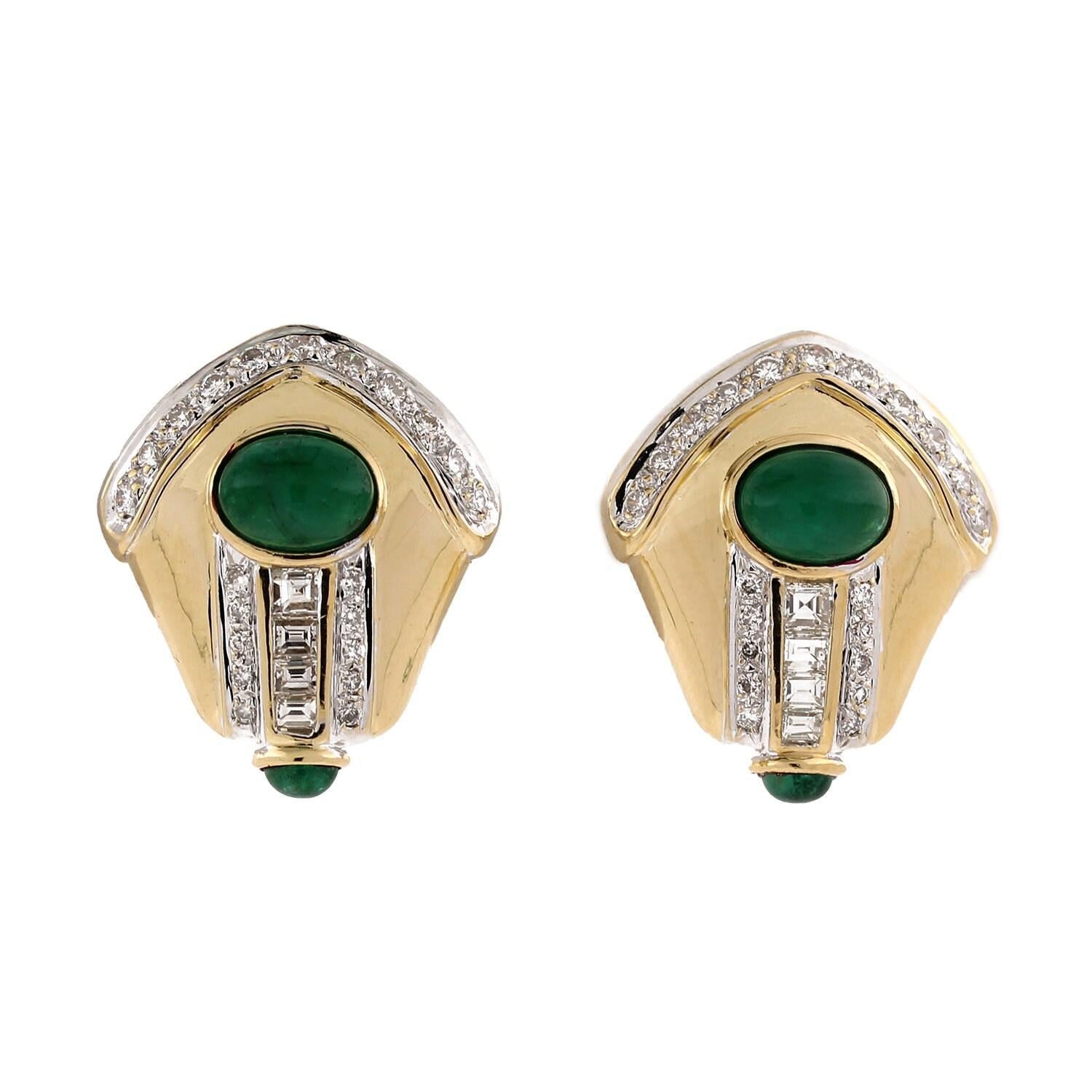Emerald Cabochon Gem Diamond Earrings 18K Two-Tone Gold 5.29 CTW Omega Backs