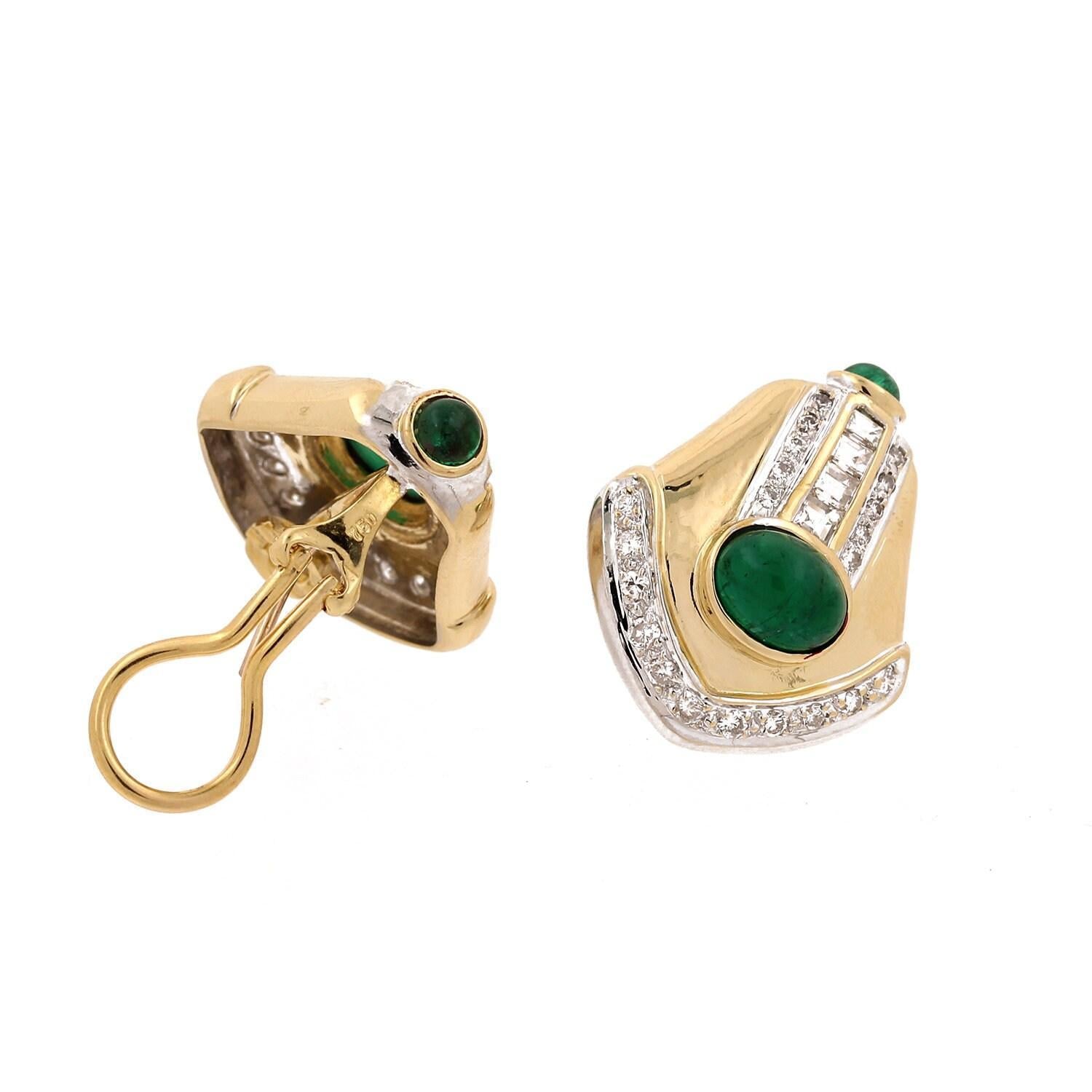 Emerald Cabochon Gem Diamond Earrings 18K Two-Tone Gold 5.29 CTW Omega Backs