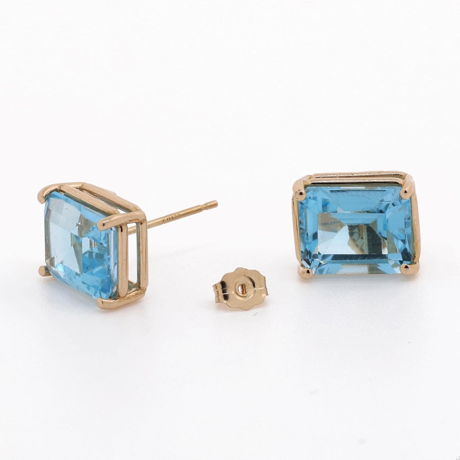 Emerald Cut Blue Topaz Stud Earrings 14K Yellow Gold 11.96 CTW Prong Set Estate