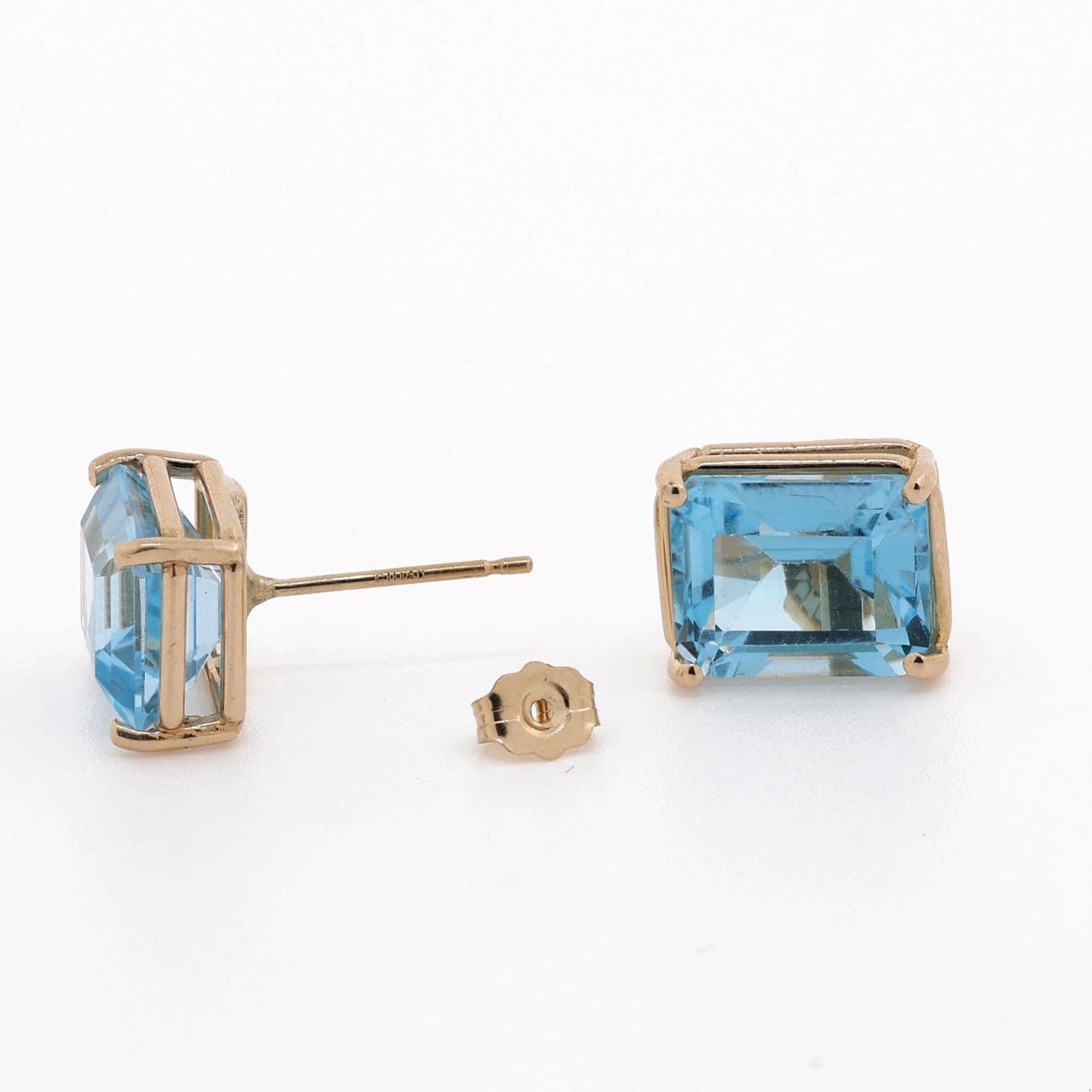 Emerald Cut Blue Topaz Stud Earrings 14K Yellow Gold 11.96 CTW Prong Set Estate