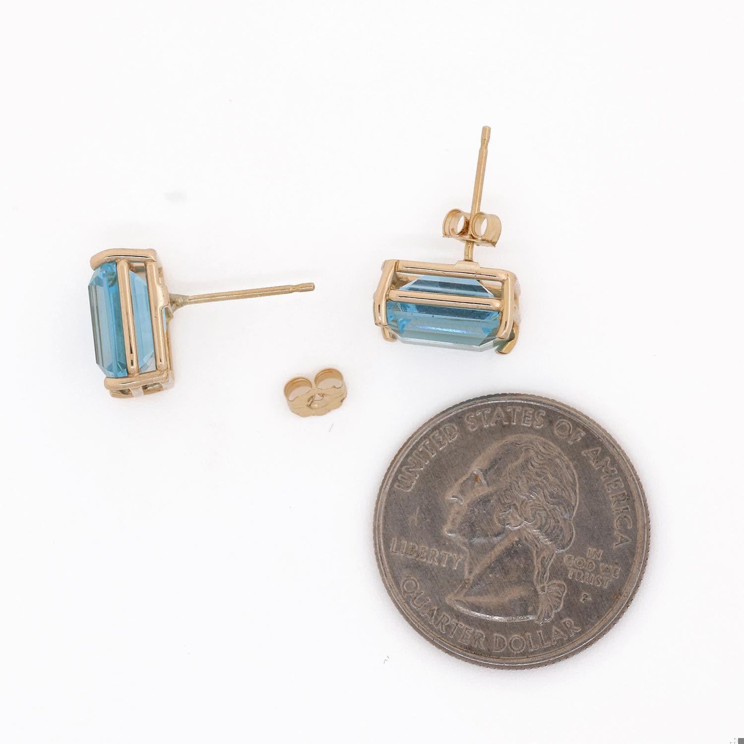 Emerald Cut Blue Topaz Stud Earrings 14K Yellow Gold 11.96 CTW Prong Set Estate
