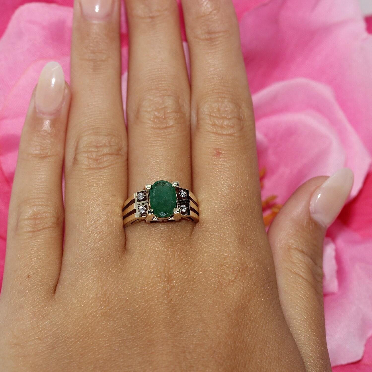 Emerald Diamond Cocktail Ring Yellow Gold 1.33 CTW Size 7.25 Ladies Estate