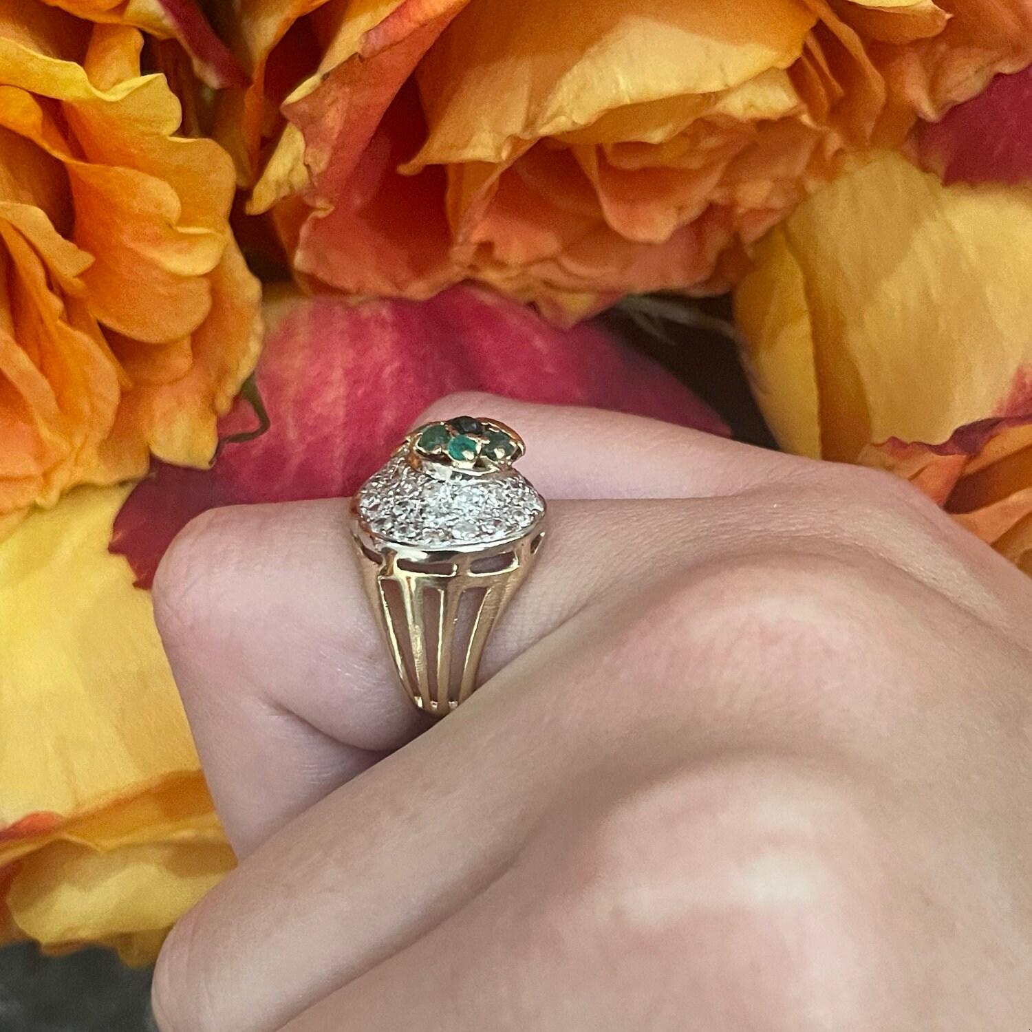 Vintage Emerald Diamond Ring Cocktail 14K Gold 0.68 CTW Size 4.25