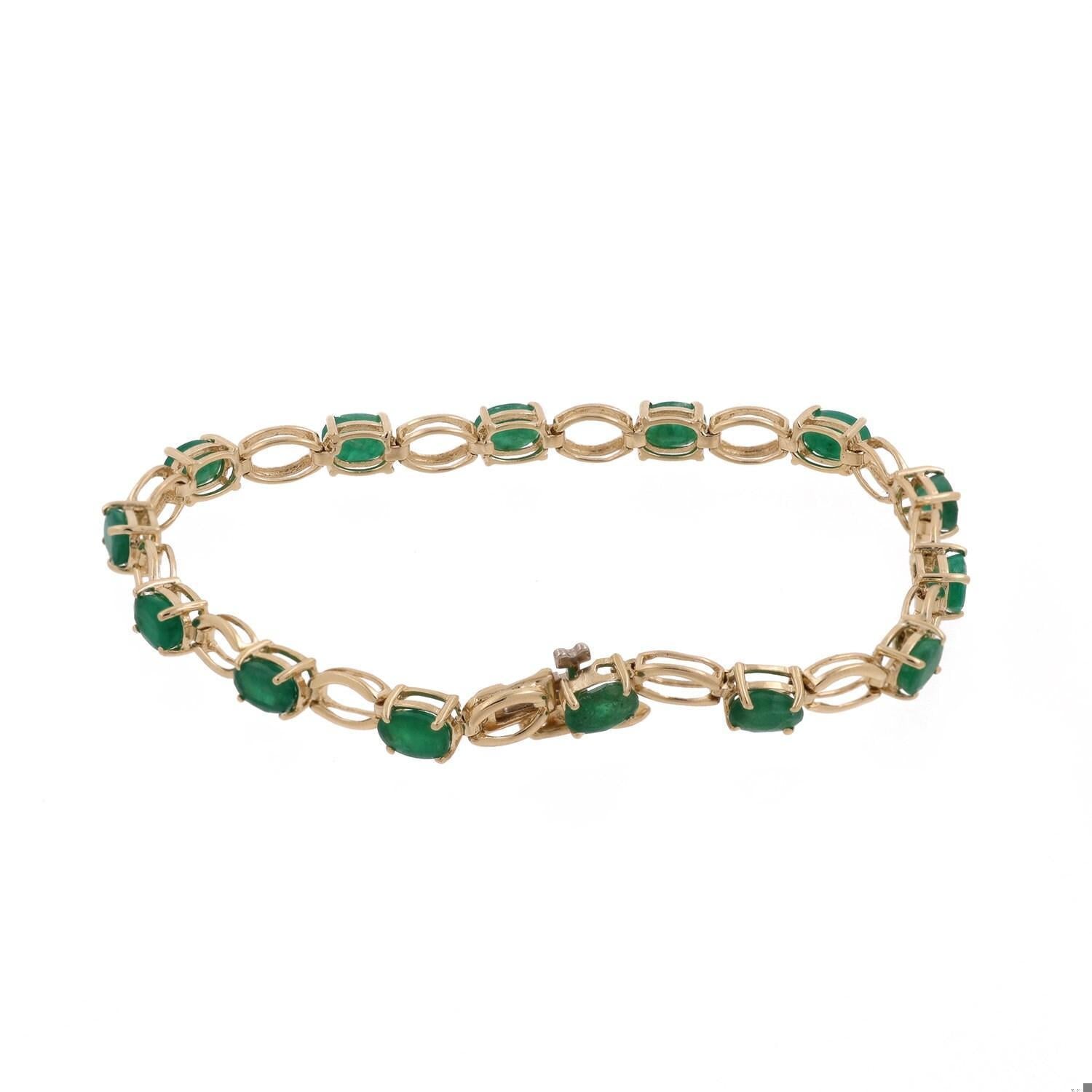 Emerald Oval Link Station Bracelet 14K Yellow Gold 6.72 CTW 7.5" Vintage Estate