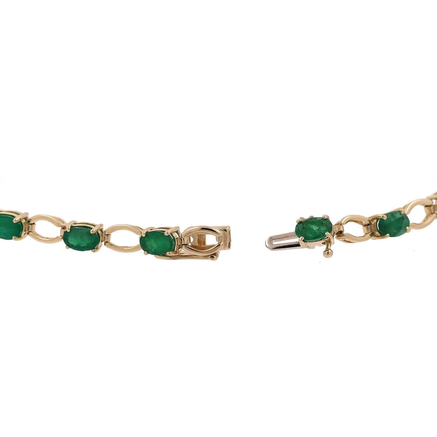 Emerald Oval Link Station Bracelet 14K Yellow Gold 6.72 CTW 7.5" Vintage Estate