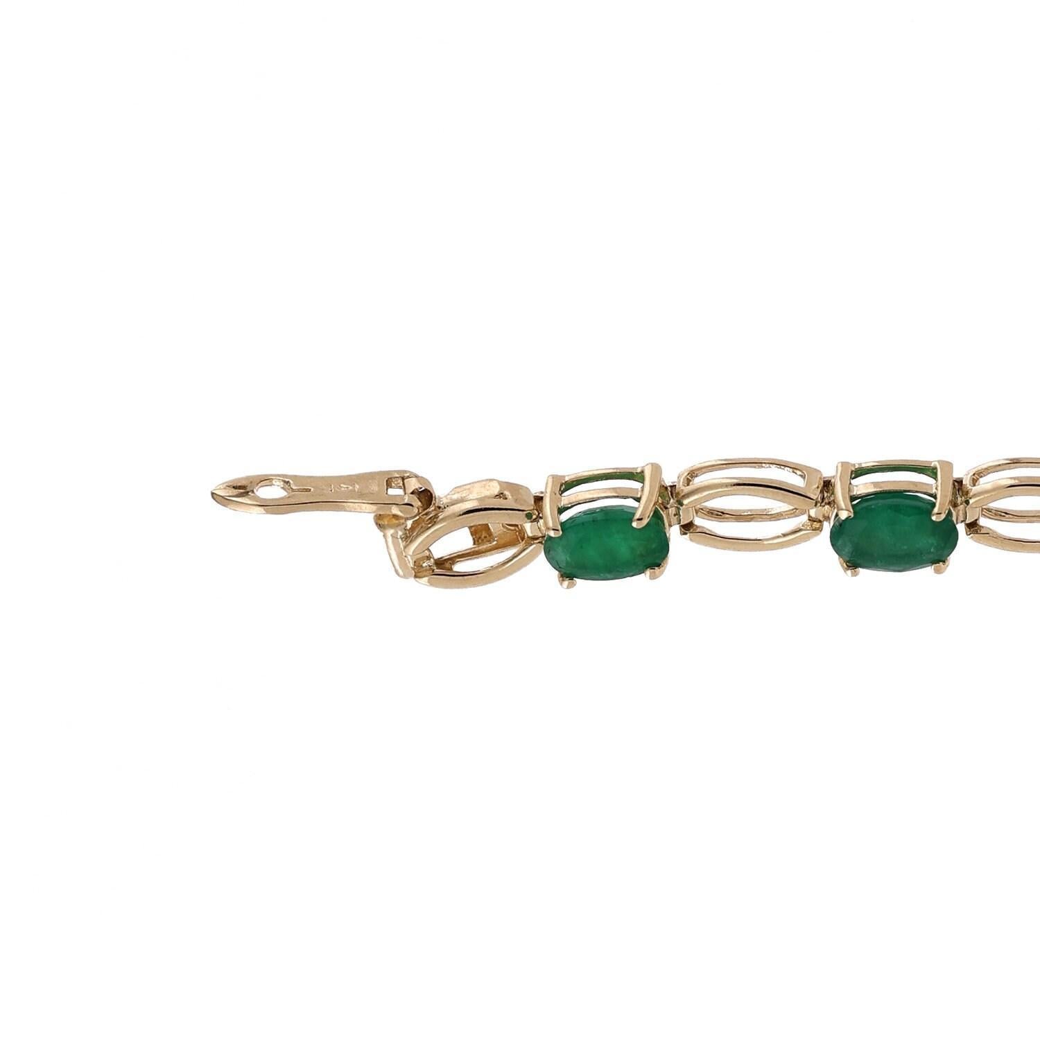 Emerald Oval Link Station Bracelet 14K Yellow Gold 6.72 CTW 7.5" Vintage Estate