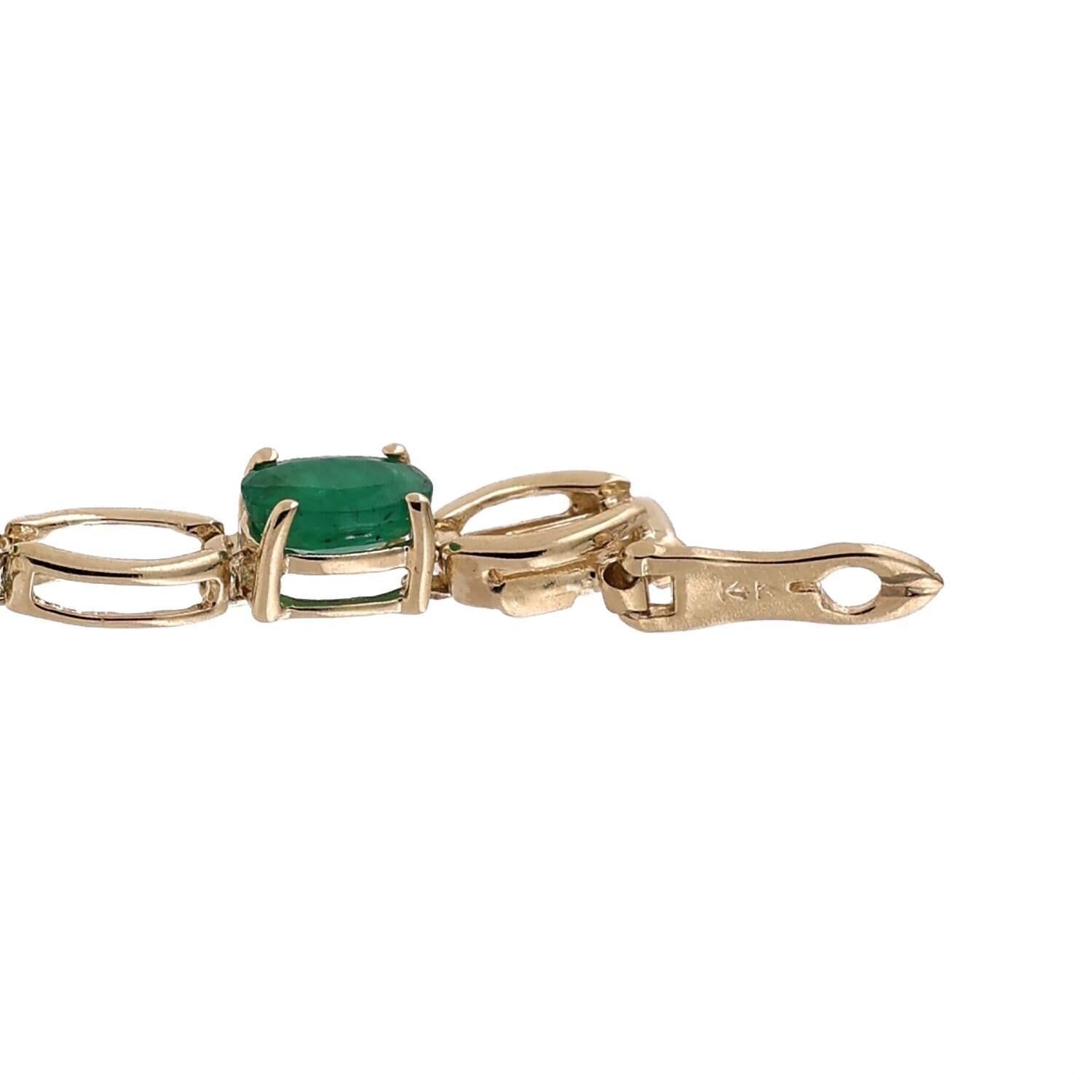 Emerald Oval Link Station Bracelet 14K Yellow Gold 6.72 CTW 7.5" Vintage Estate