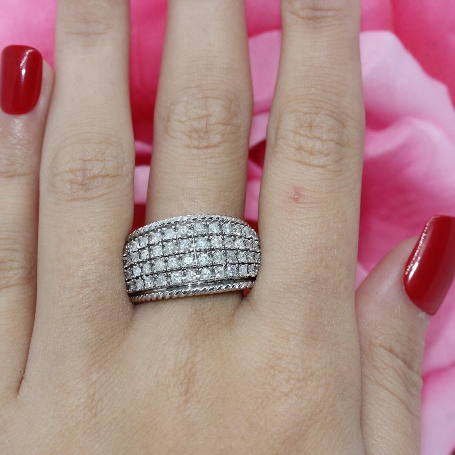 Estate 4-Row Diamond Wide Ring Band 14K White Gold 0.99 CTW Size 7.25 Ladies