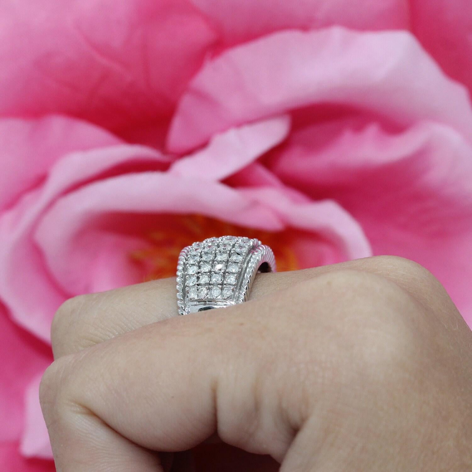 Estate 4-Row Diamond Wide Ring Band 14K White Gold 0.99 CTW Size 7.25 Ladies