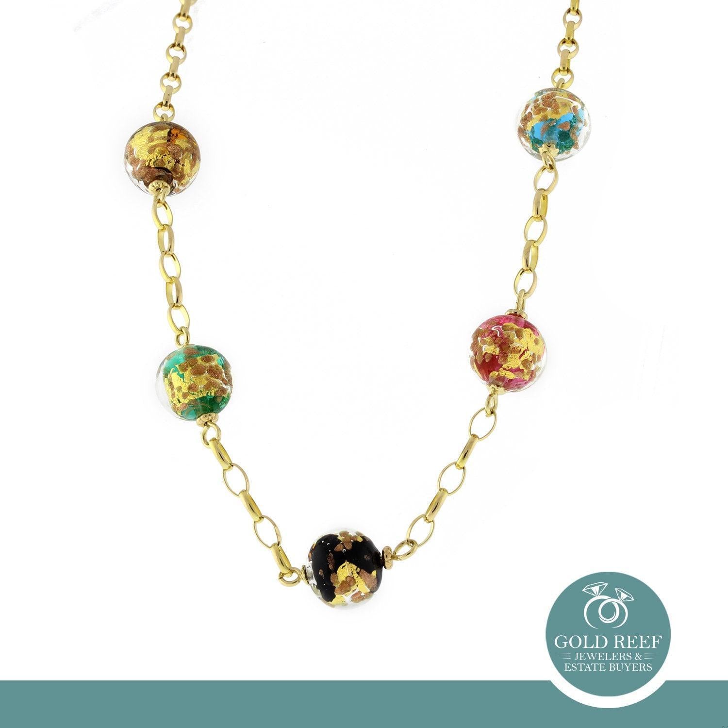 Acrylic Colored Beads With Gold Flecks Chain Necklace 14K Yellow Gold 17" Ladies